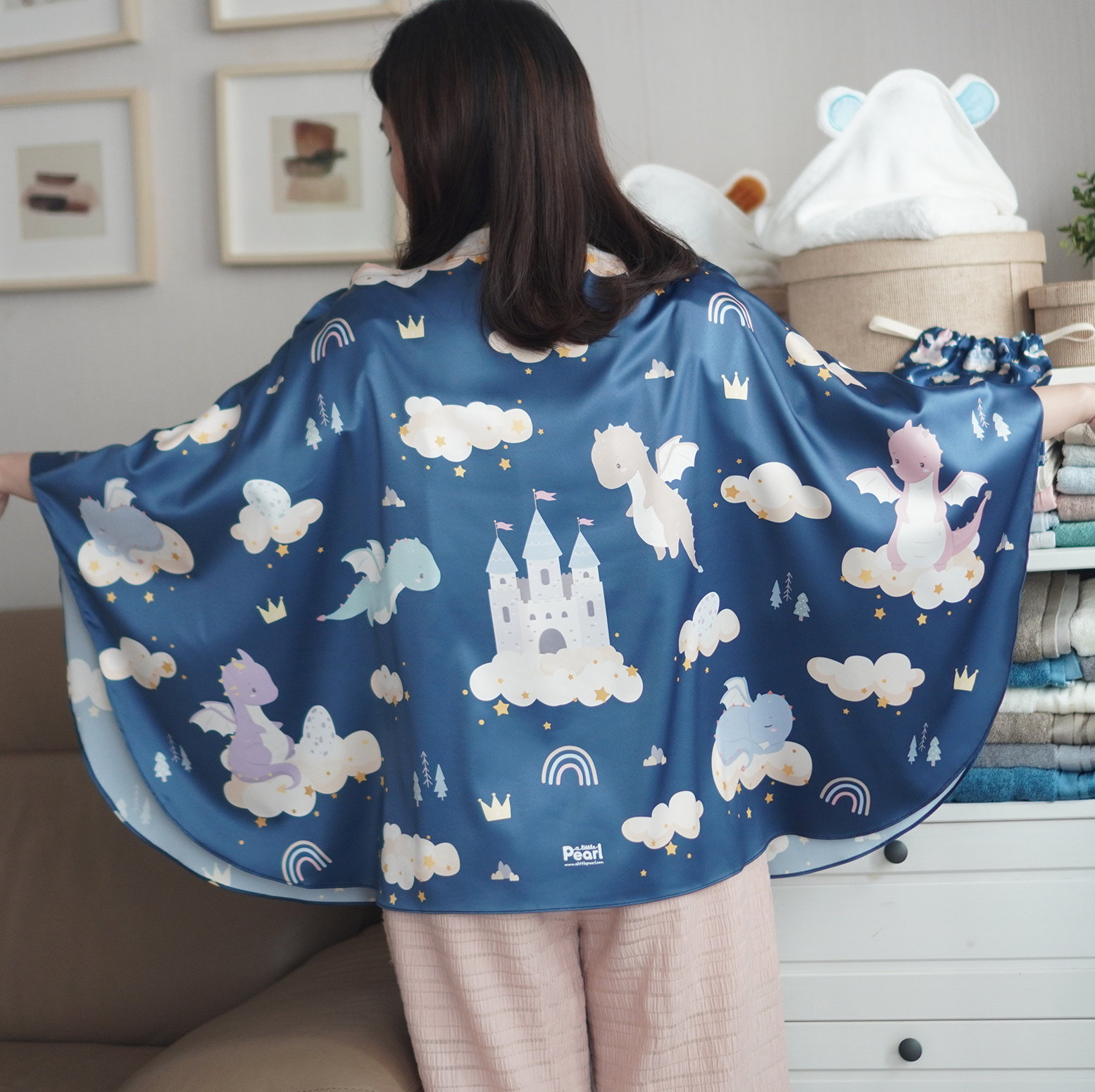 ผ้าคลุมให้นม 3in1 (รุ่นมีกระดุม ถอดโครงได้) แบบสั่งทำใส่ชื่อ ลาย Dragon - Navy