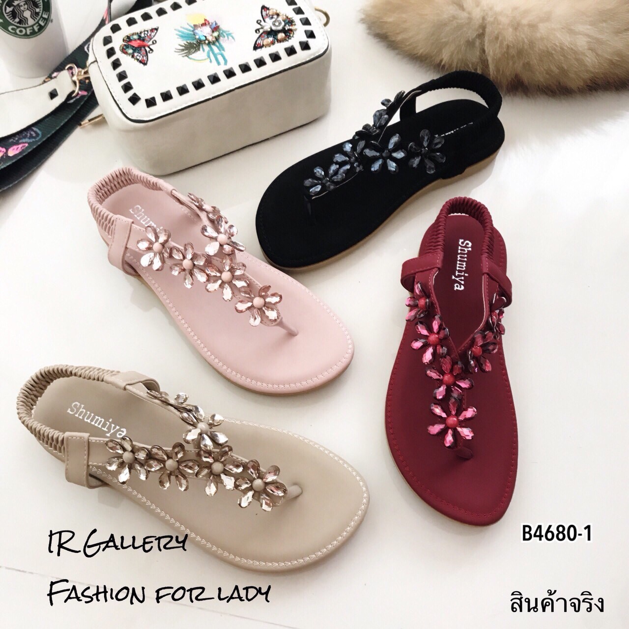 รองเท้าแตะหนีบแต่งคริสตัลดอกไม้ (สีแดง)