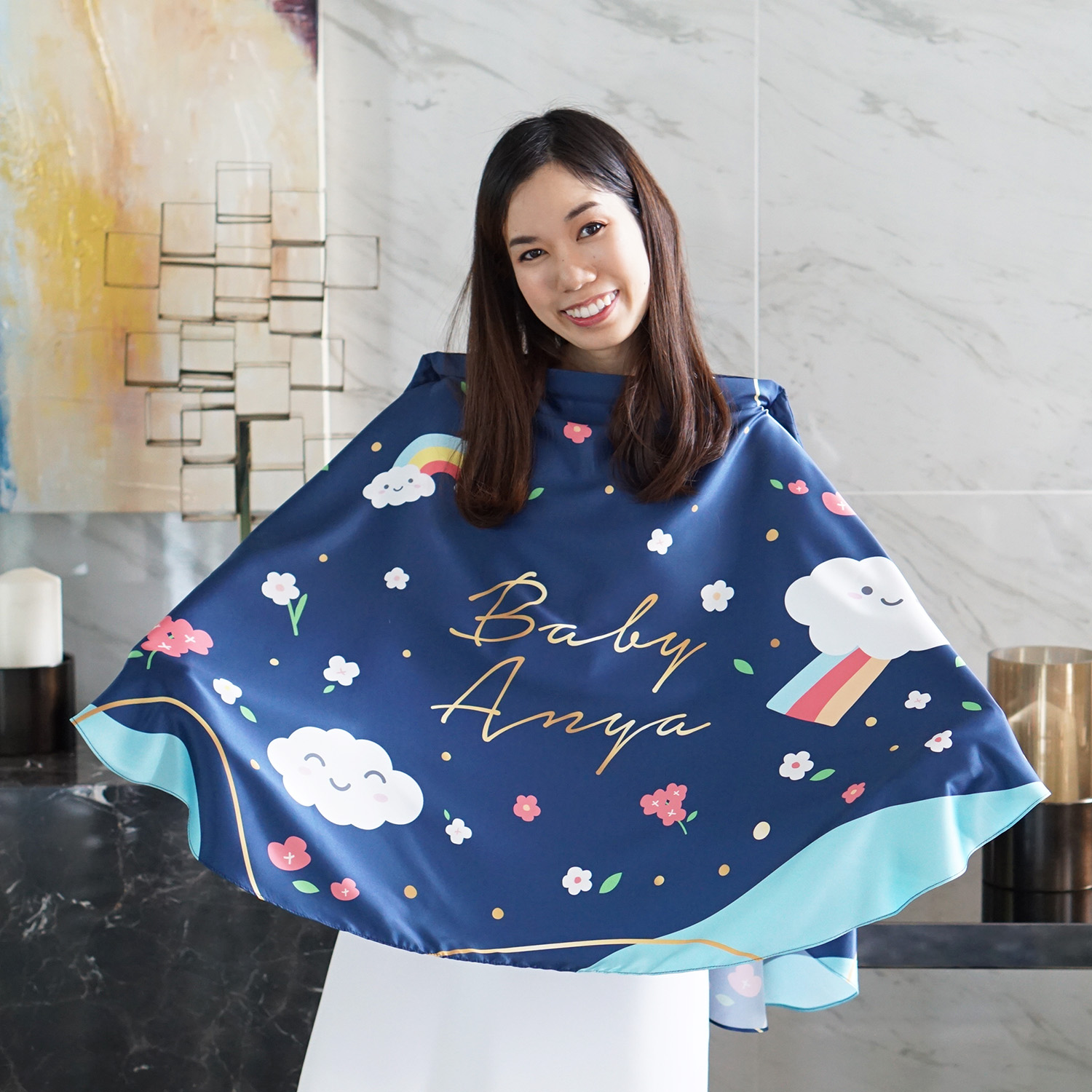 ผ้าคลุมให้นม สั่งทำใส่ชือ ลาย Flower and Rainbow - Navy