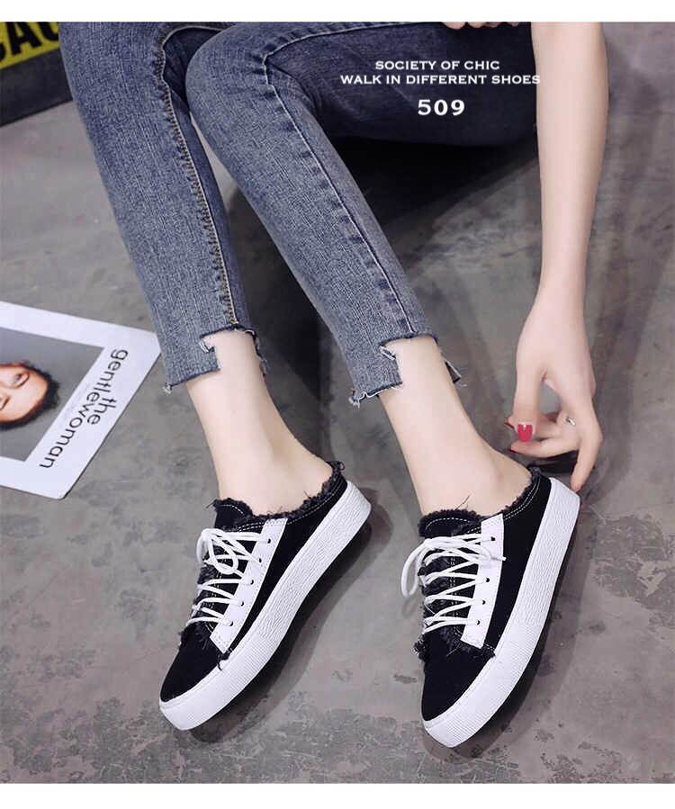 รองเท้าผ้าใบเปิดส้นแต่งปลายลุ่ย (สีแดง)