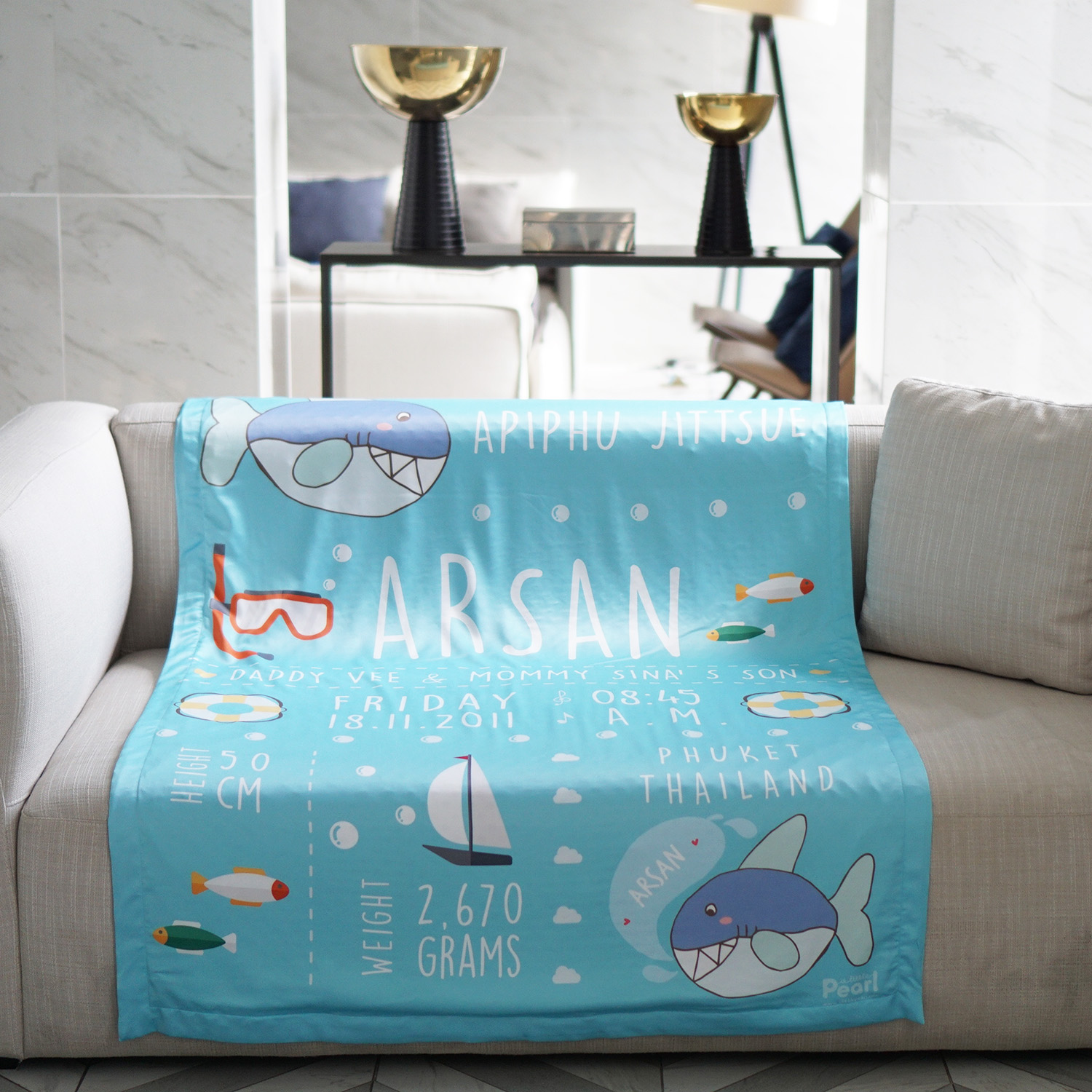 ผ้าห่ม ใส่ประวัติแรกเกิด ลายฉลาม Shark - Turquoise