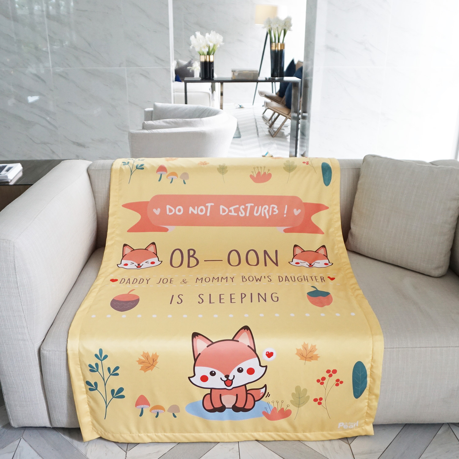 ผ้าห่มเด็ก สั่งทำใส่ชื่อ ลาย Fox - Yellow