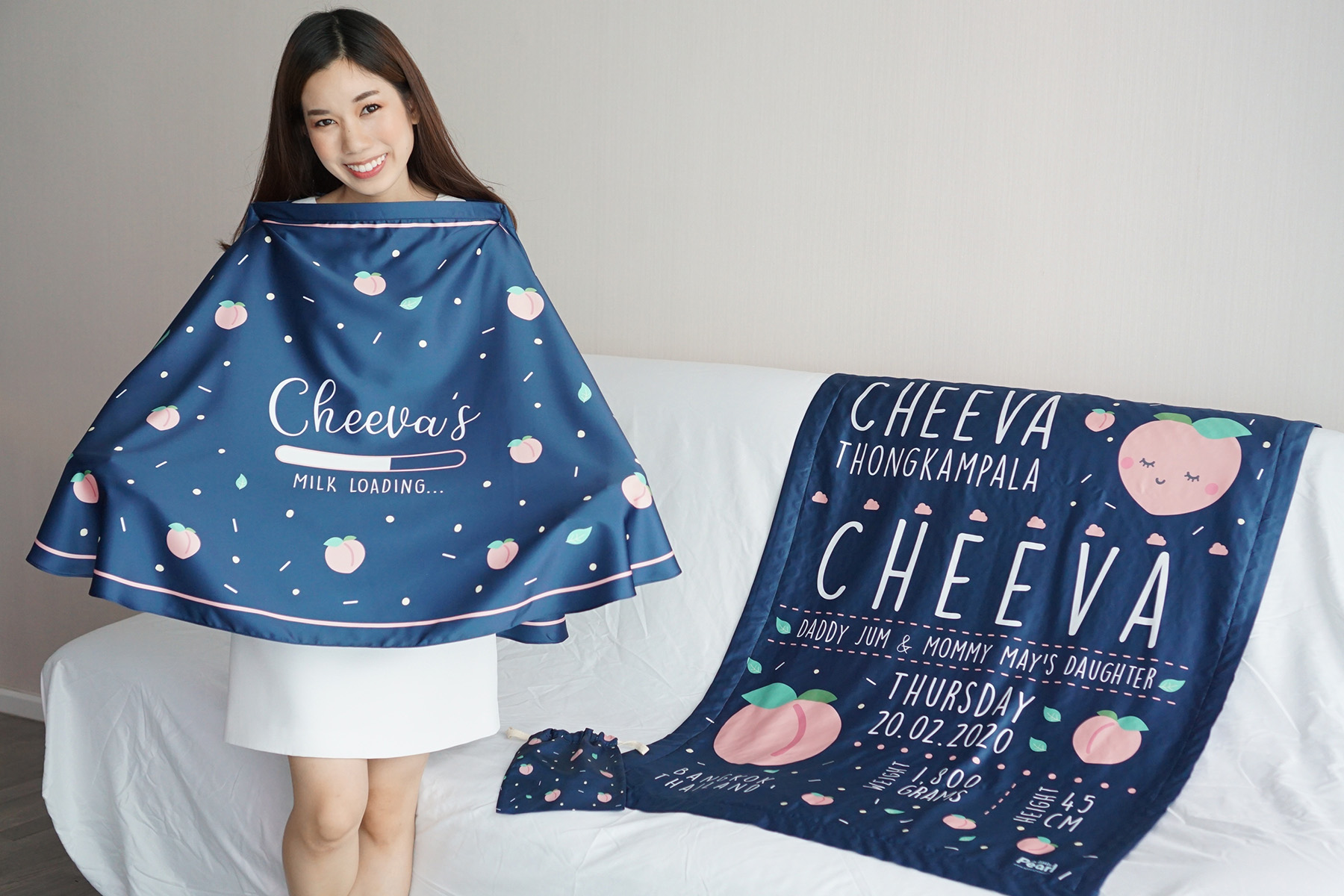 ชุดของขวัญเด็กแรกเกิด ผ้าคลุมให้นม + ผ้าห่มขนาด 75x100cm ลาย Peach - Navy