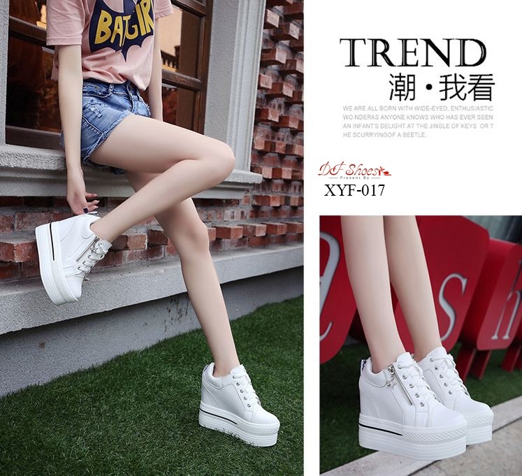 รองเท้าผ้าใบเสริมส้นแต่งซิปดาวสไตล์แฟชั่นเกาหลี (สีดำ)