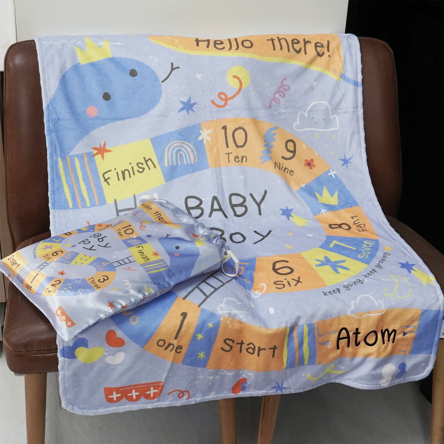 ผ้าห่ม Minky 75x100cm แบบปักชื่อ ลาย Snake and Ladders - Blue