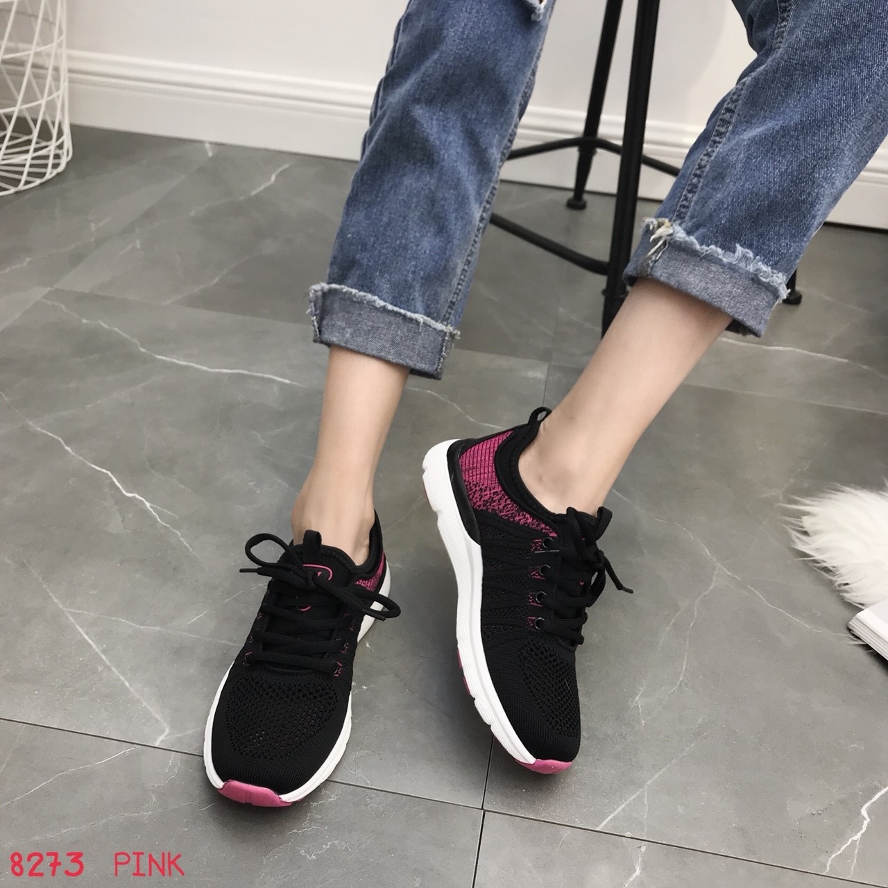 รองเท้าผ้าใบแฟชั่นตัดส้นทูโทน (สีชมพู)