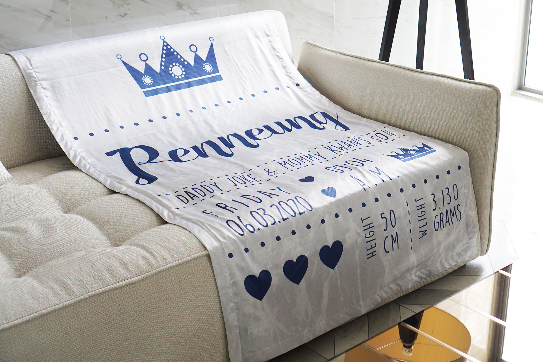ผ้าห่ม ใส่ประวัติแรกเกิด ลายหินอ่อนสีเทา - Navy