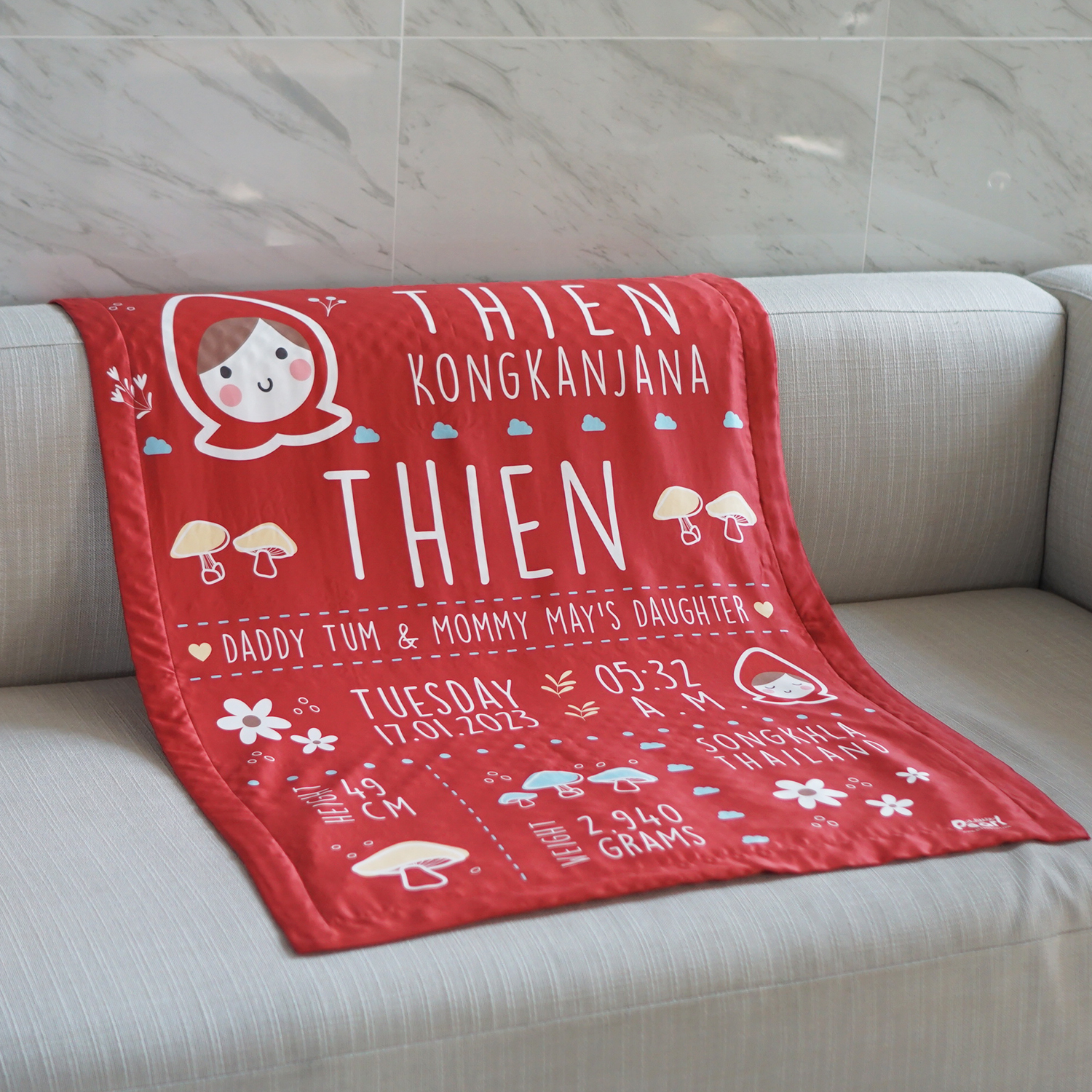 ผ้าห่มเด็ก ใส่ประวัติแรกเกิด ลาย Little Red Riding Hood - Red