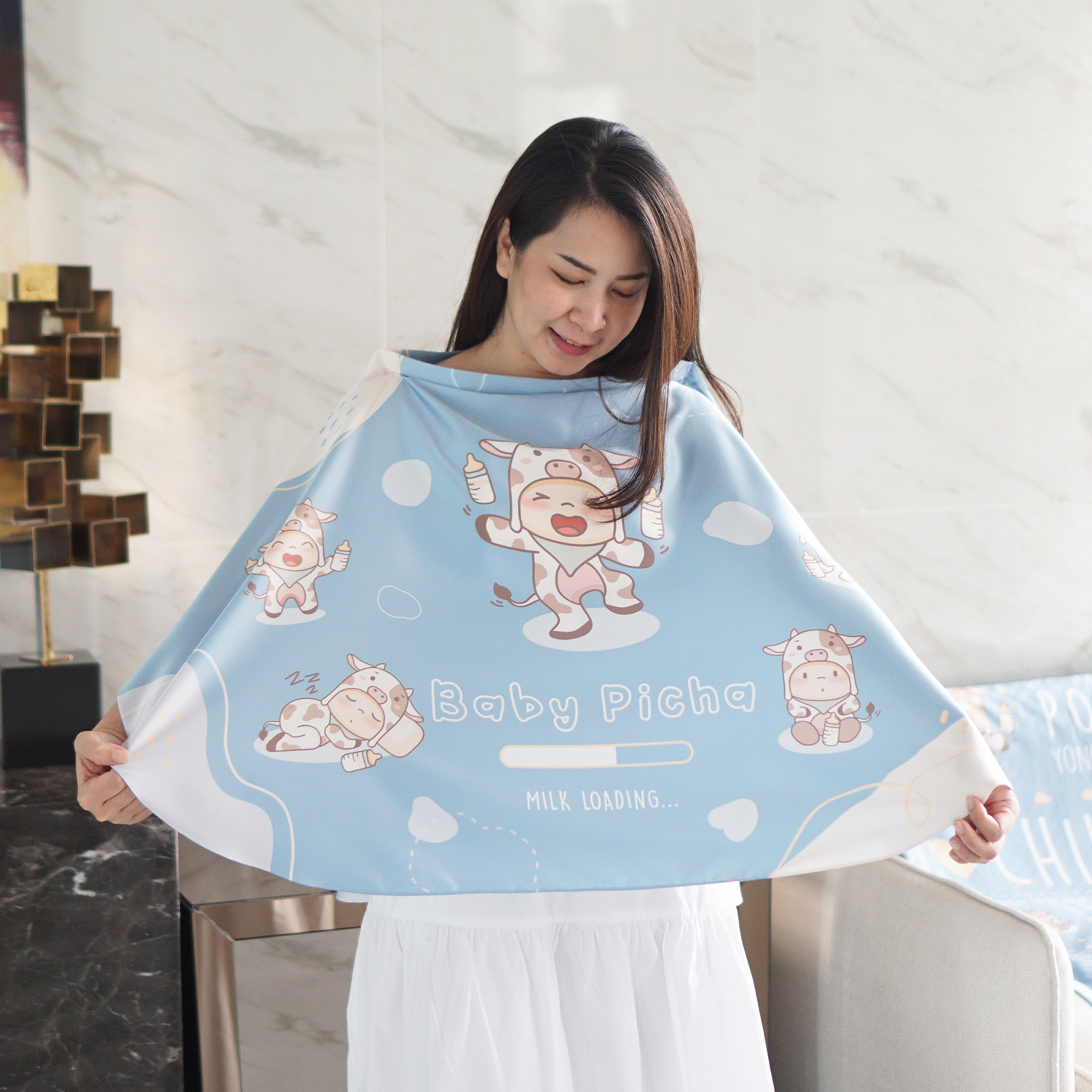 ผ้าคลุมให้นม สั่งทำใส่ชือ ลาย Cow - Blue