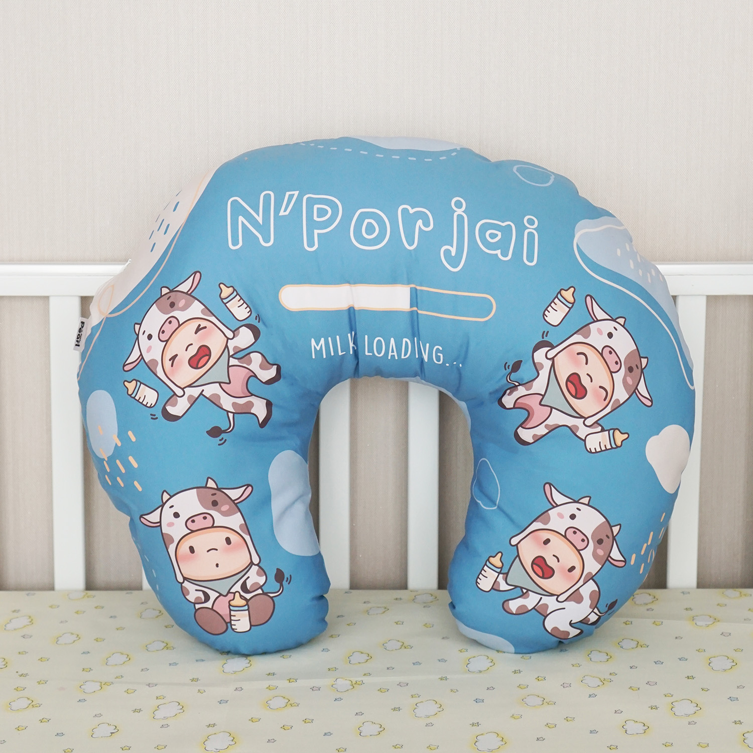 หมอนรองให้นม สั่งทำใส่ชื่อ ลาย Cow2 - Blue