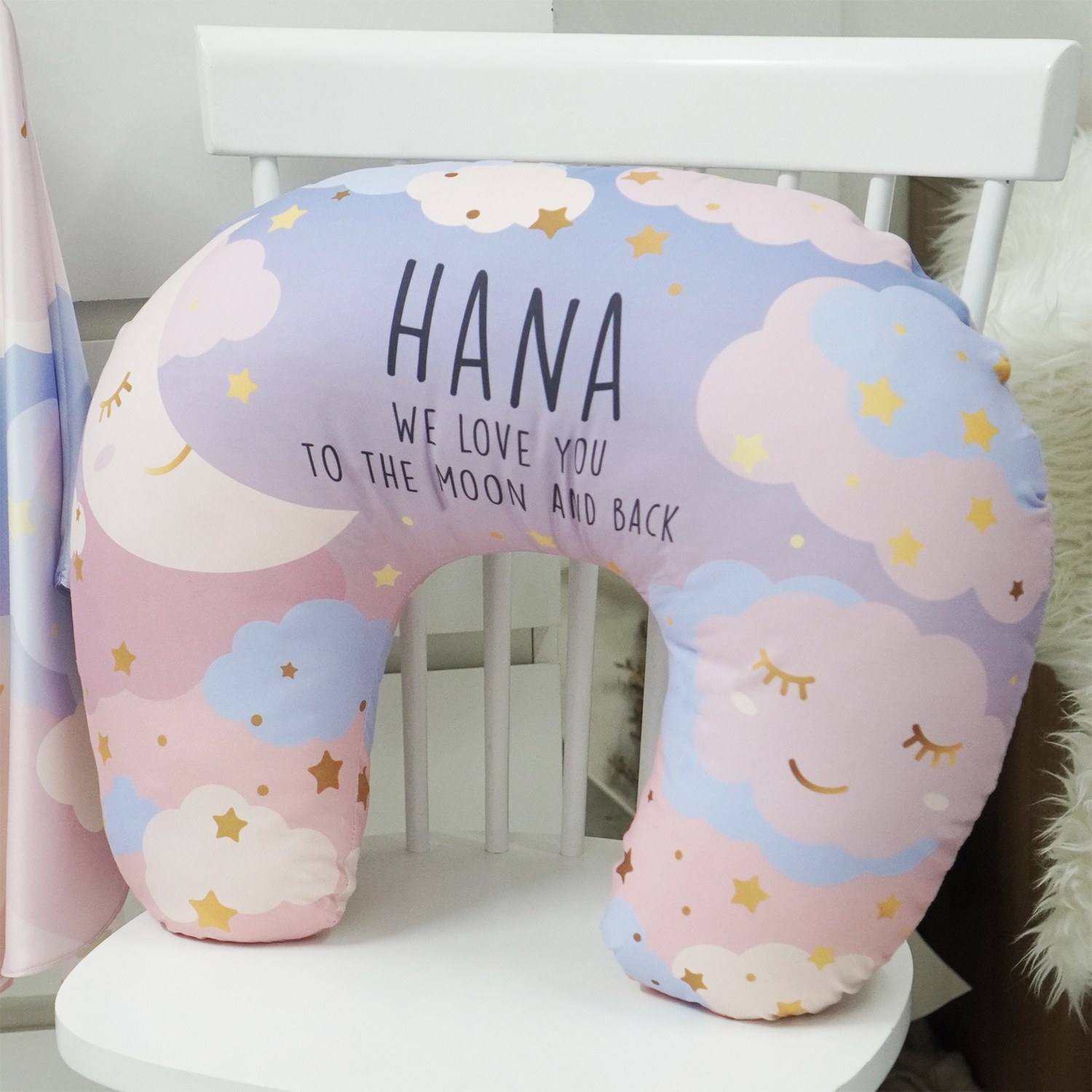 หมอนรองให้นม สั่งทำใส่ชื่อ ลาย Moon - Blue Pink