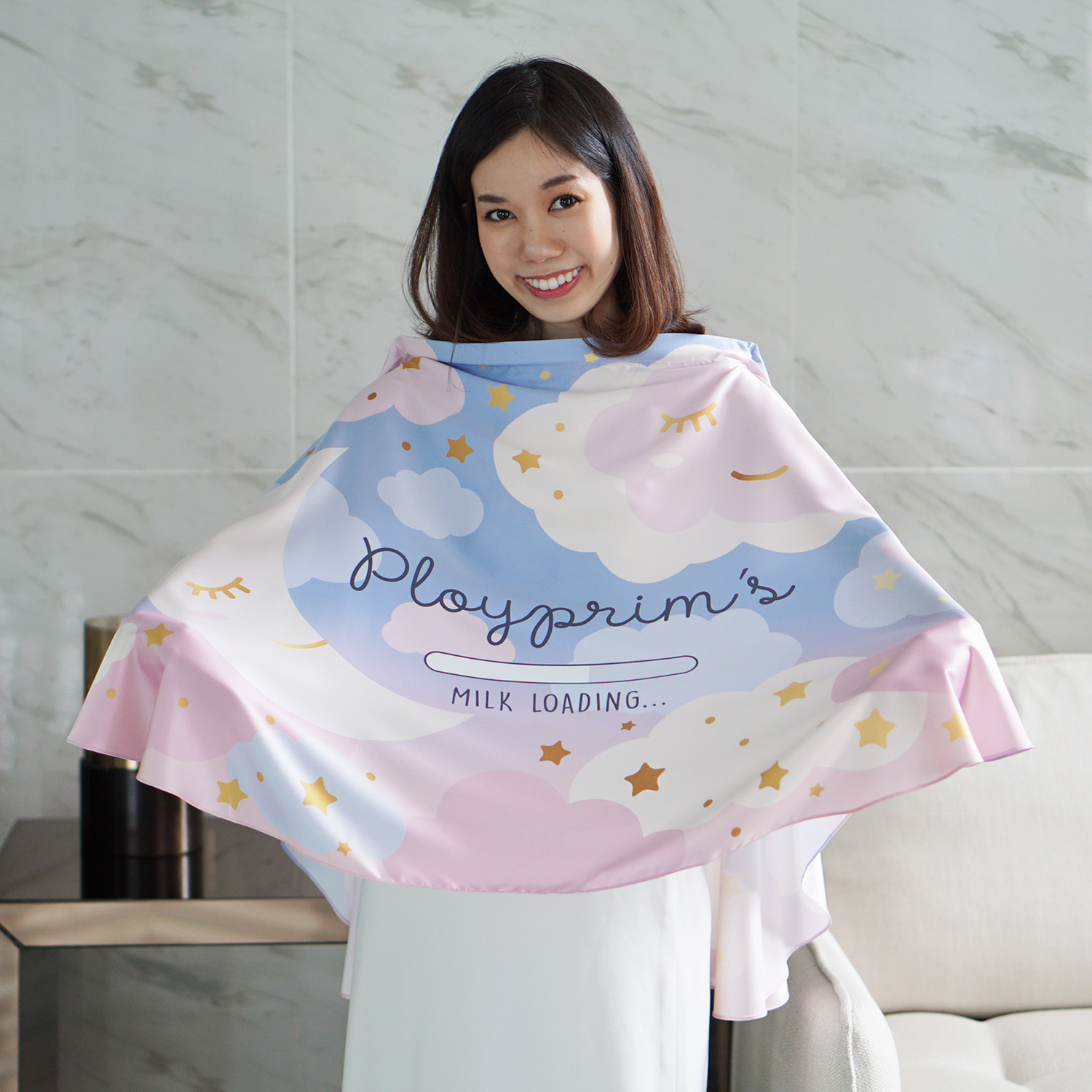 ผ้าคลุมให้นม สั่งทำใส่ชือ ลาย Moon - Blue Pink