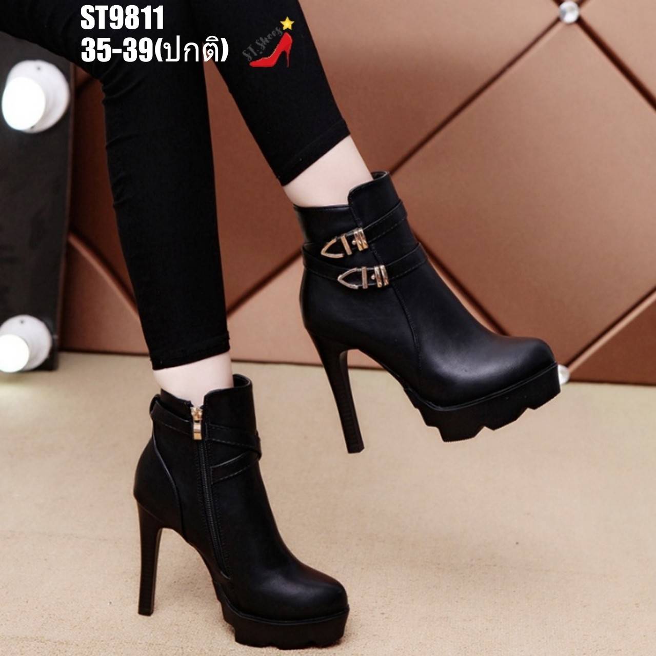 รองเท้าบูทส้นเข็มแต่งเข็มขัด (รุ่นเส้นเดียว)
