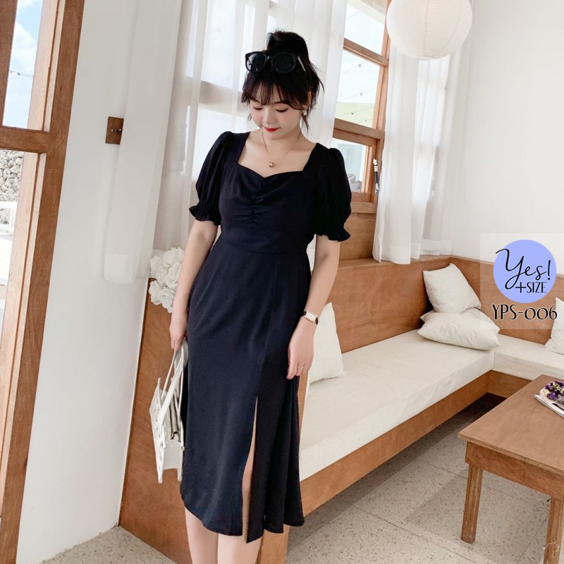ชุดเดรสยาวสาวอวบ อก 40-50 นิ้ว ผ้านิ่มพริ้ว เอวยืดด้านหลัง แขนตุ๊กตา ผ่าหน้า YPS-006
