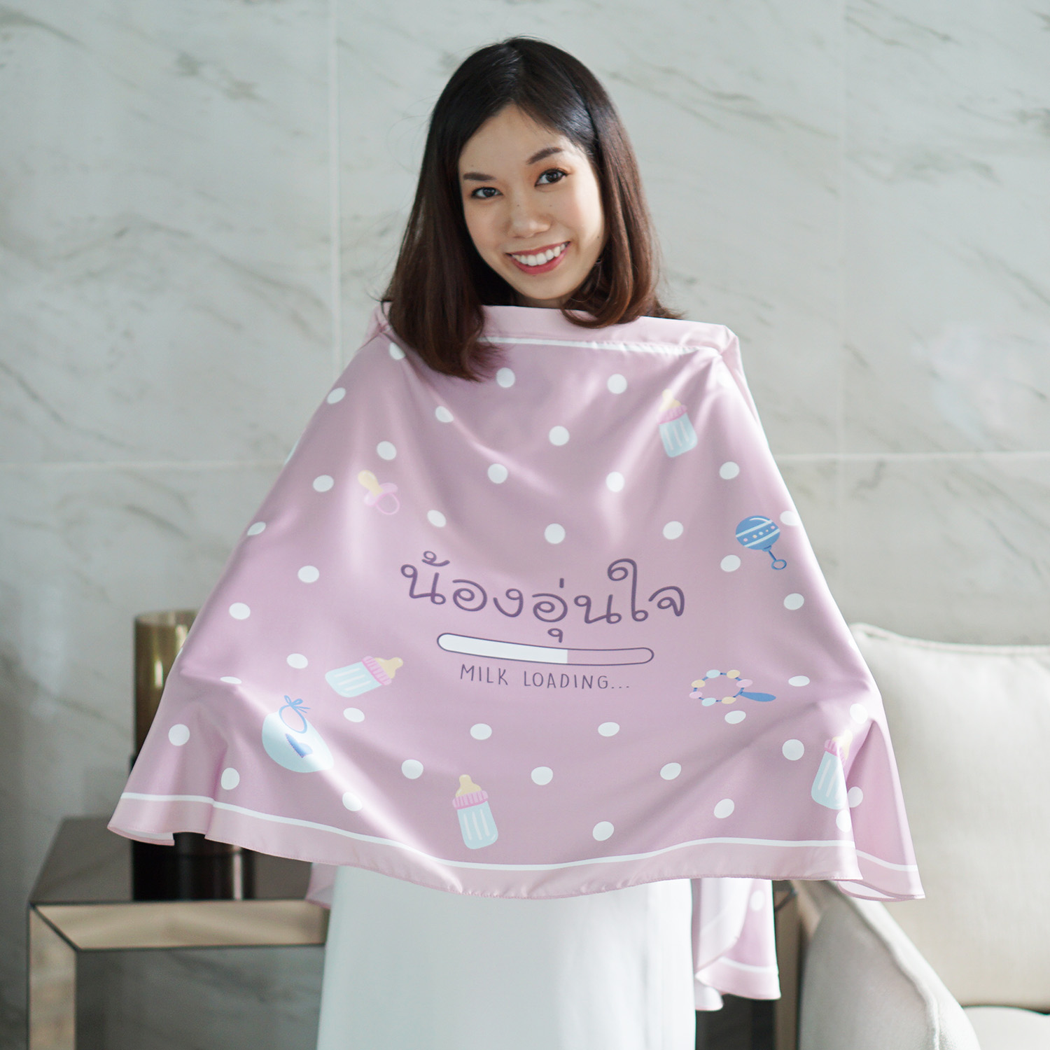 ผ้าคลุมให้นม สั่งทำใส่ชือ ลาย Polka Dot - Milk - Rose Taupe