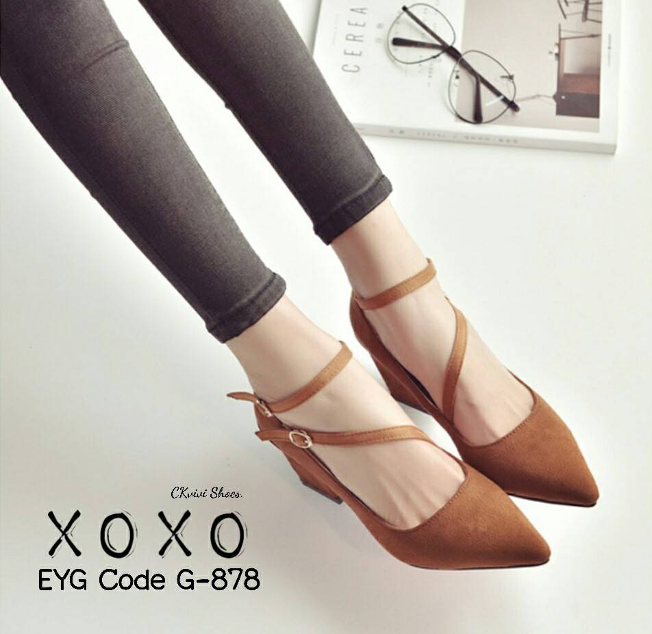 รองเท้าคัทชูส้นต้นแต่งสายรัด2ชั้น (สีน้ำตาล)