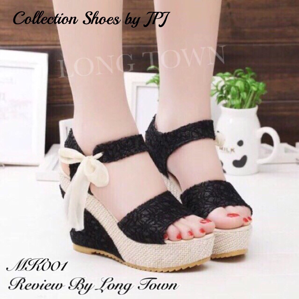 รองเท้าส้นเตารีดลูกไม้สไตล์เกาหลี (ดำ)