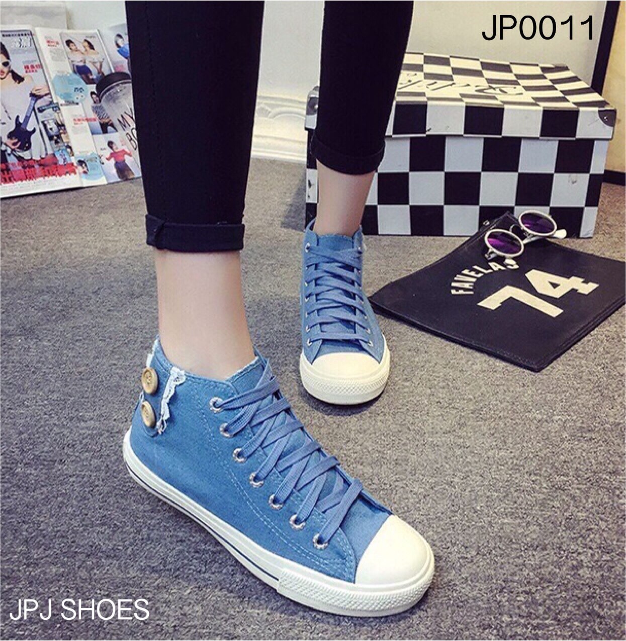 พร้อมส่ง : รองเท้าผ้าใบหุ้มข้อผ้ายีนส์ (สีฟ้า)