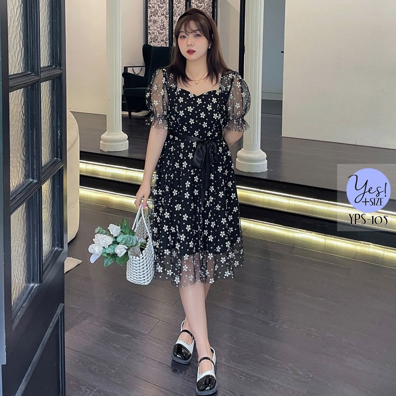 ชุดเดรสสั้นสาวอวบ อก 38-49 นิ้ว เดรสตาข่ายปริ้นลายดอกไม้สีขาว+กลิตเตอร์ทอง เอวโบว์ผ้าซาติน สีครีม/ดำ YPS-105