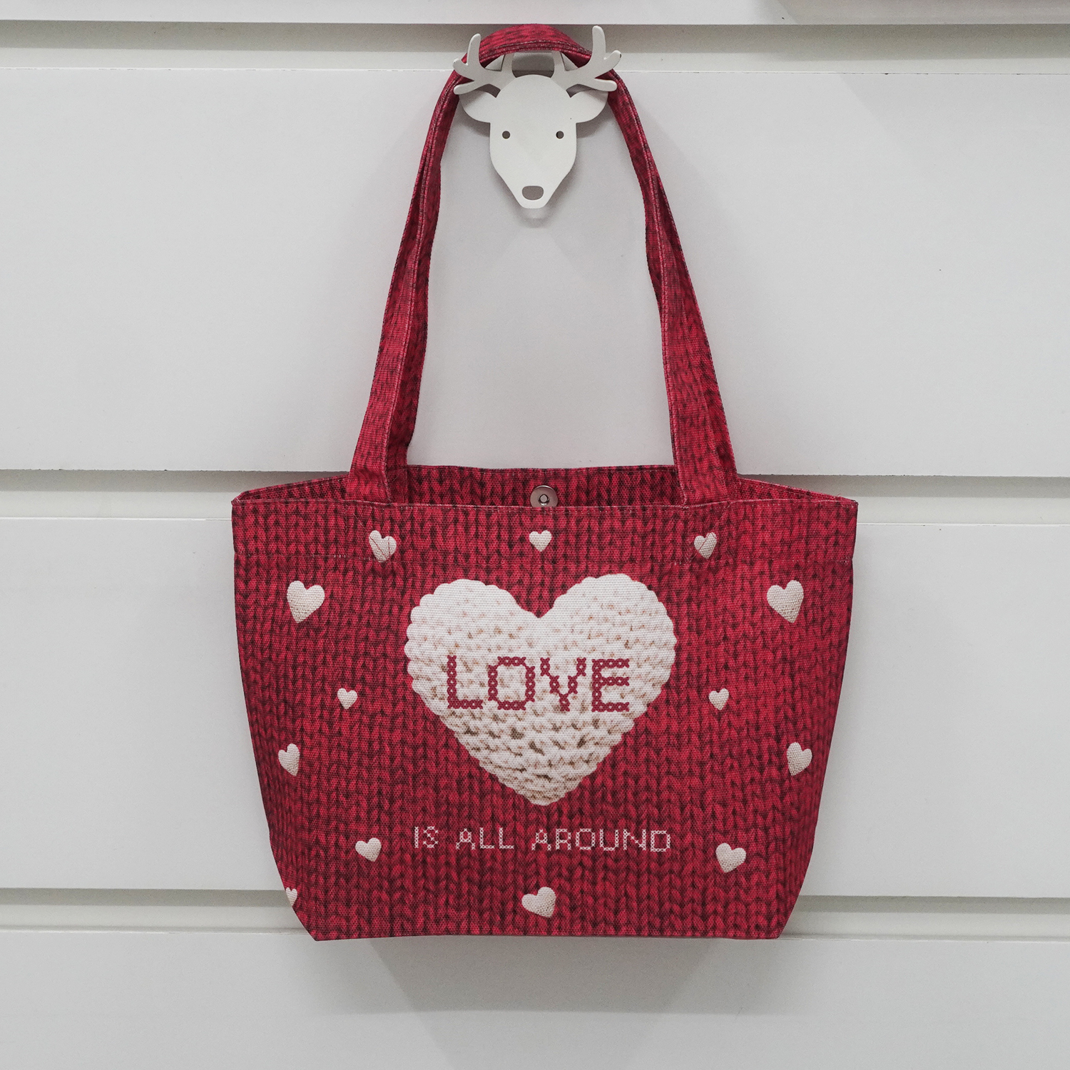 กระเป๋าผ้าแคนวาส ปักชื่อ (ไซส์ S) ลาย Knitted Heart - Red