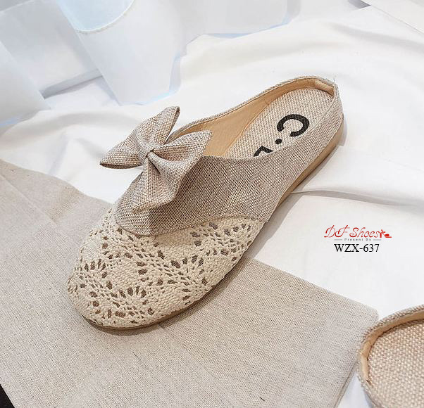 รองเท้าลูกไม้เปิดส้นแต่งโบว์ (สีดำ)