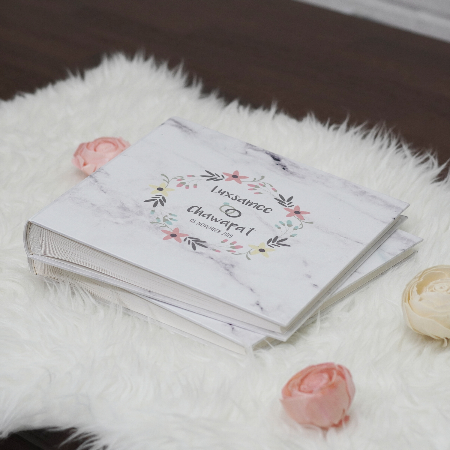 สมุดเซ็น สมุดอวยพร แบบสั่งทำใส่ชื่อ ลายหินอ่อน Marble - Floral Frame