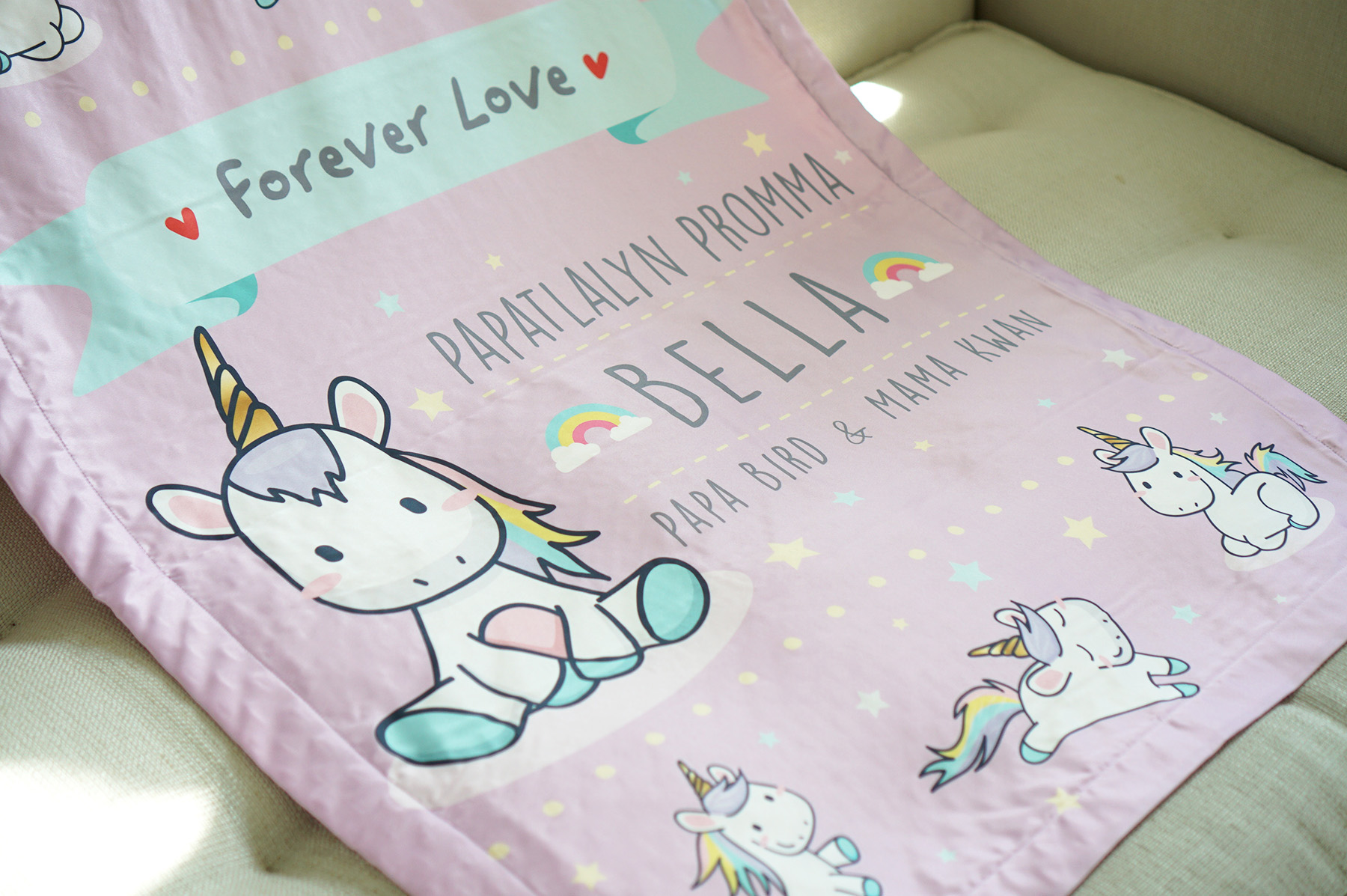 ผ้าห่ม สั่งทำใส่ชื่อ ลายยูนิคอร์น - Unicorn - Pink Lavender