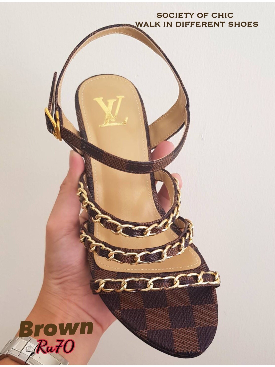 รองเท้ารัดส้นพิมพ์ลาย Style LV (สีน้ำตาล)