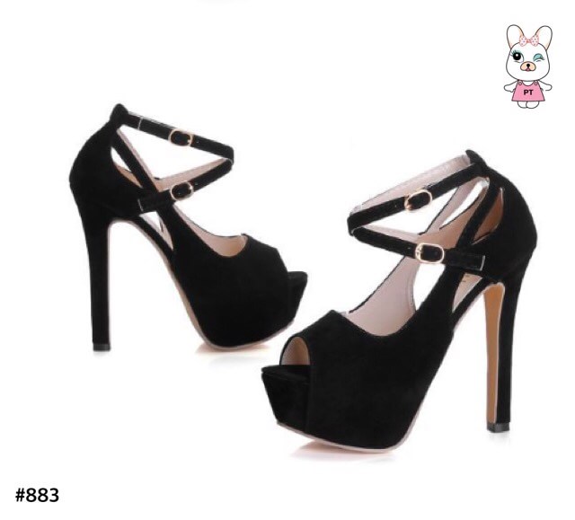 รองเท้าส้นสูงรัดข้อ2ชั้น (สีชมพู)