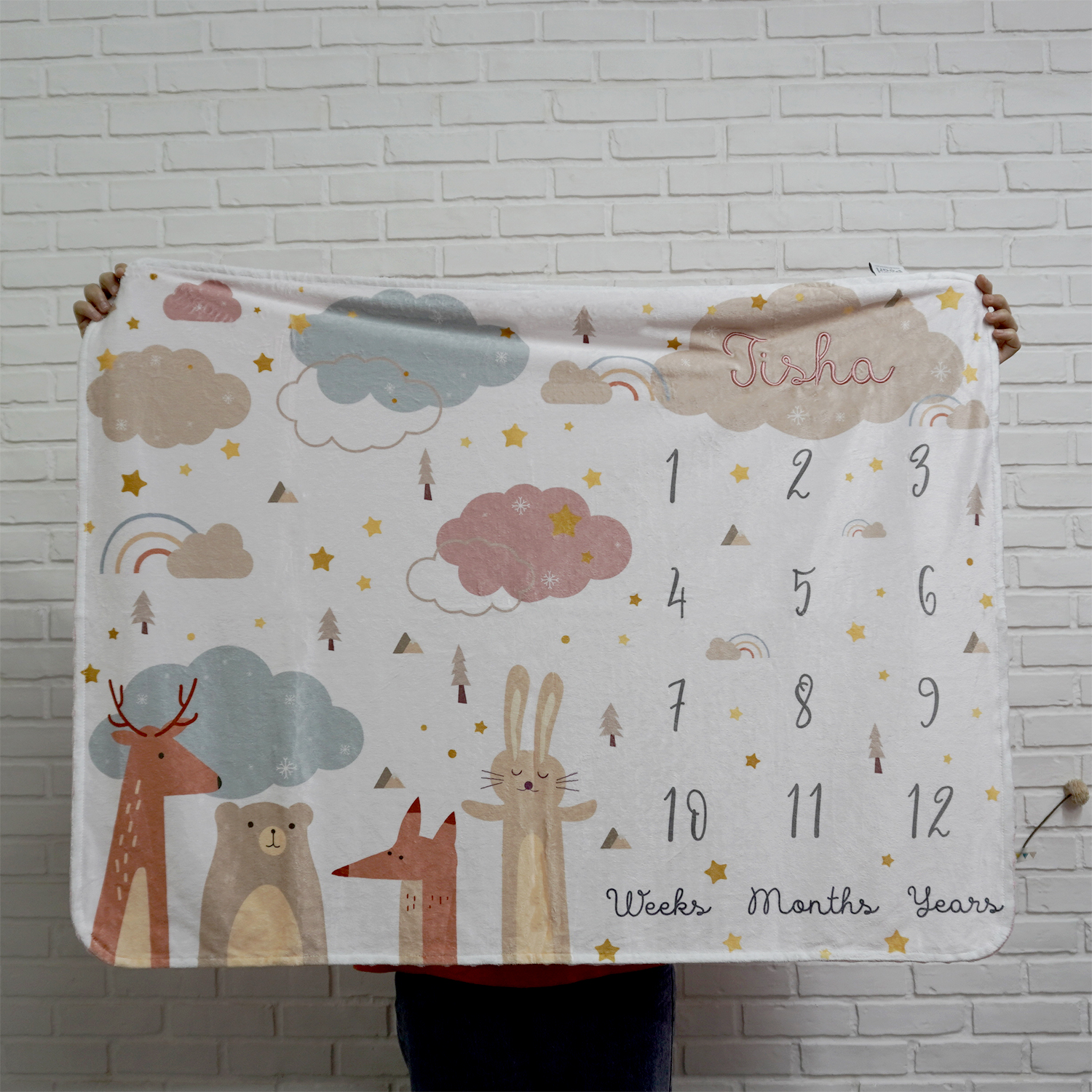 ผ้าห่ม Minky ลาย Woodland - Milestone 75x100cm แบบปักชื่อ ด้านหลังสีชมพู