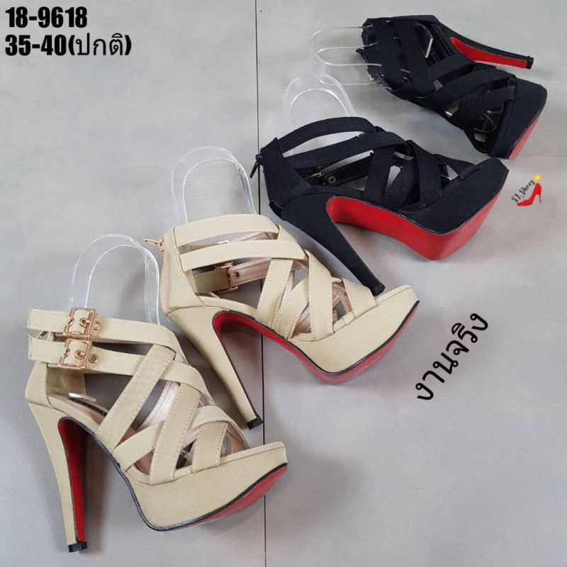รองเท้าส้นสูงสายไขว้รัดข้อ2ชั้น (สีครีม)