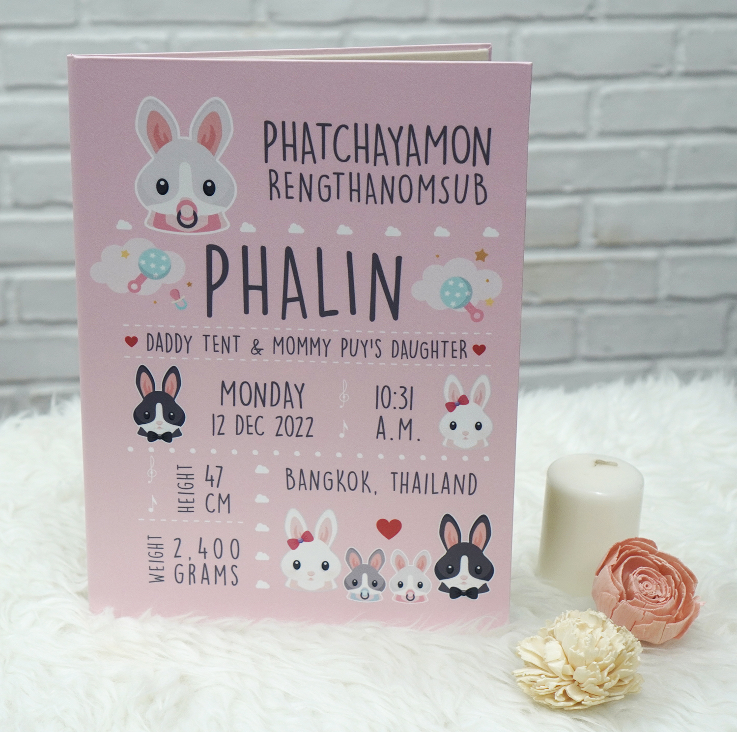 แฟ้มทะเบียนสมรส/สูติบัตร สั่งทำใส่ข้อความ ลาย Rabbit - Pink