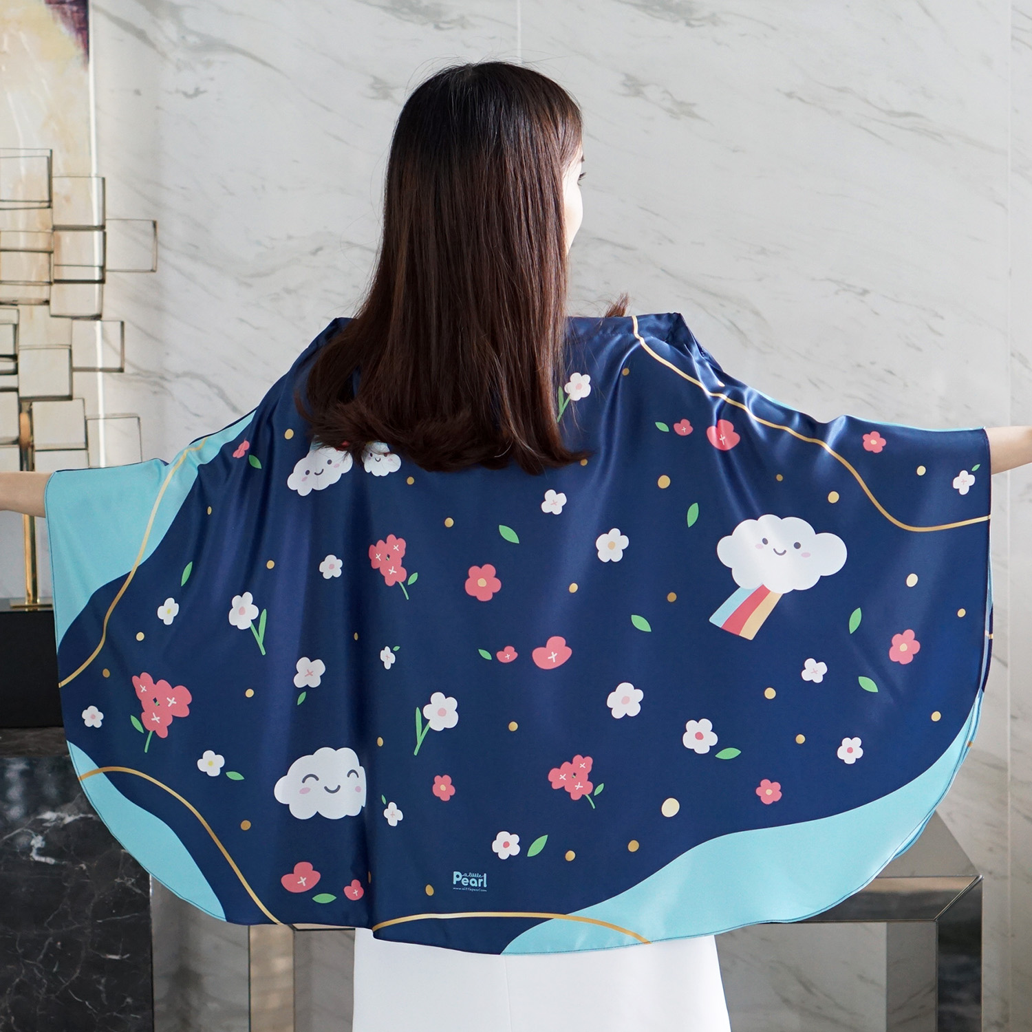 ผ้าคลุมให้นม สั่งทำใส่ชือ ลาย Flower and Rainbow - Navy