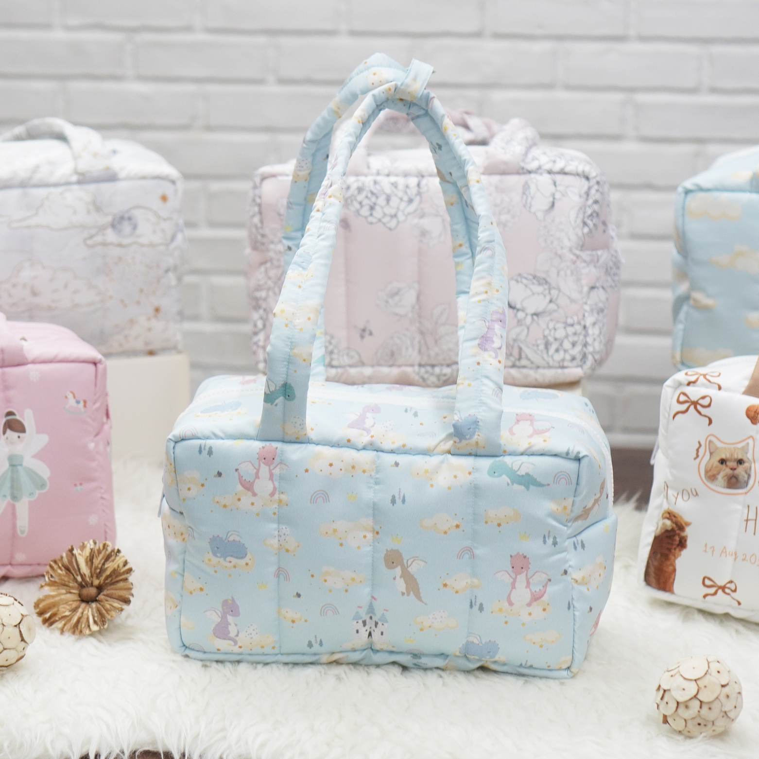 Fluffy Bowling Bag กระเป๋านุ่มนิ่ม ทรง Bowling สั่งทำใส่ข้อความ ลาย Dragon - Blue