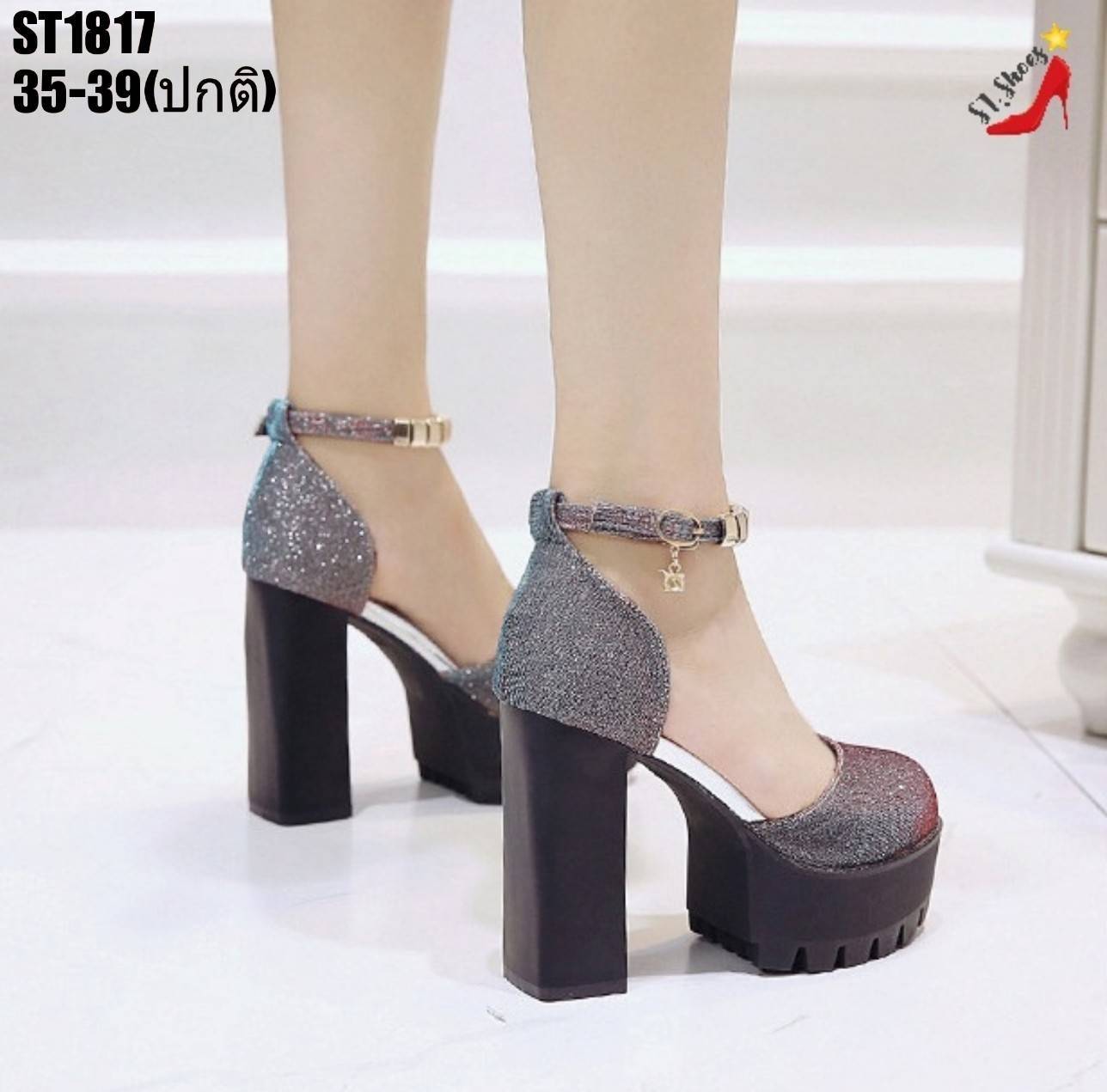 รองเท้าคัทชูส้นสูงหนังเลื่อม (สีฟ้า-แดง)