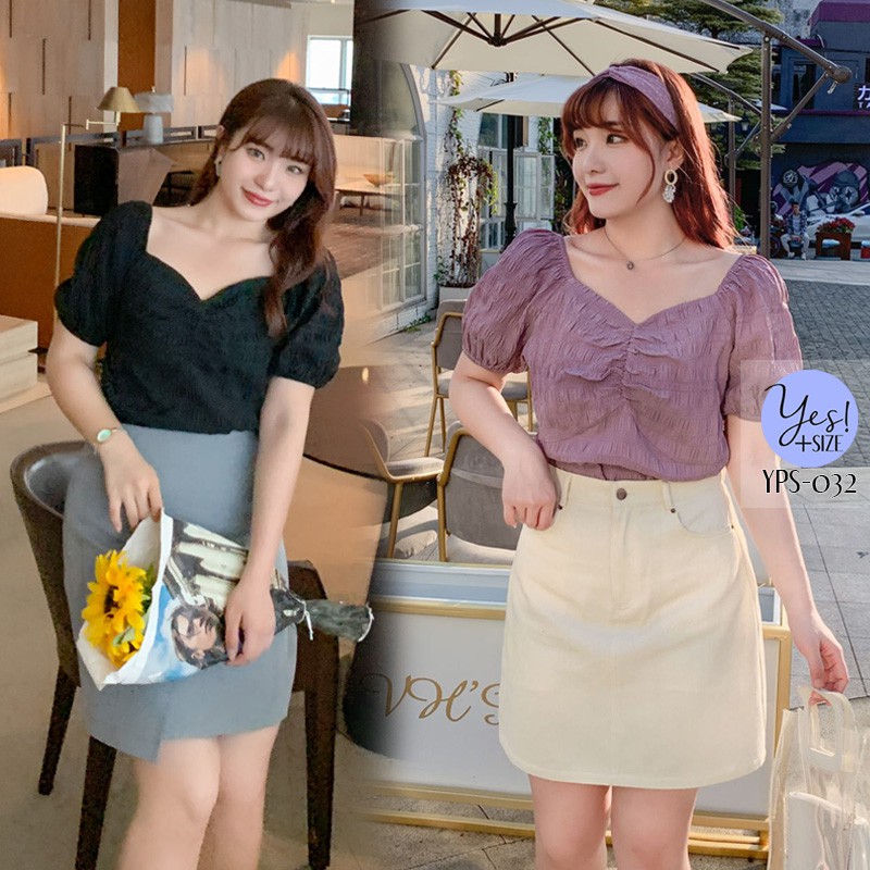 เสื้อแขนสั้นสาวอวบ อก 38-52 นิ้ว ผ้าบับเบิ้ล คอเหลี่ยม จับจีบกลางอก แขนตุ๊กตา YPS-032