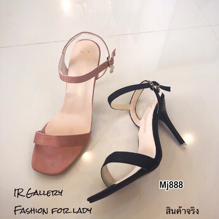 รองเท้าส้นเข็มหนังกลับแต่งอะไหล่เพชร (สีชมพู)