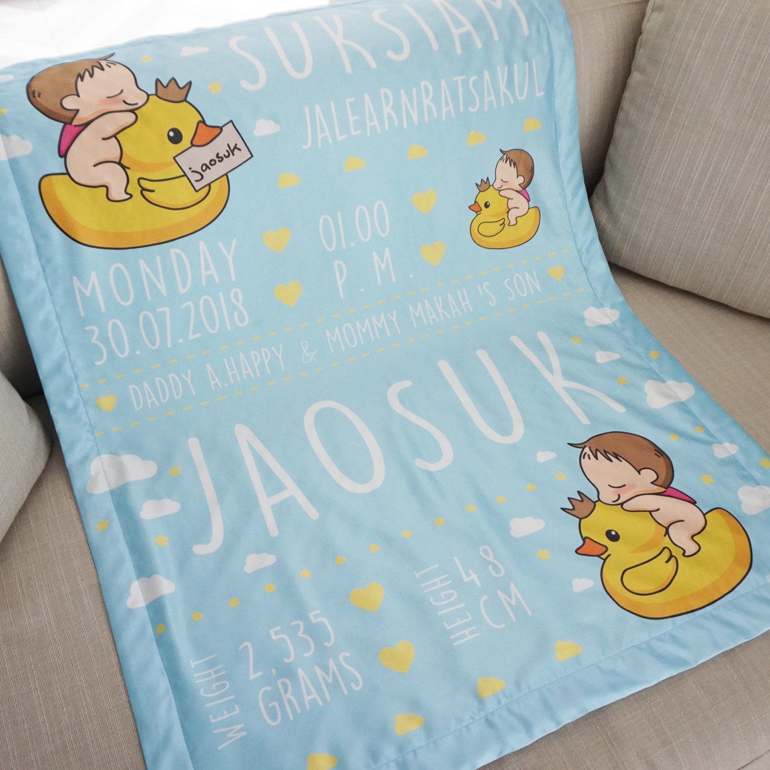 ผ้าห่มเด็ก สั่งทำใส่ชื่อ ลาย Ducky and Baby Boy - Blue