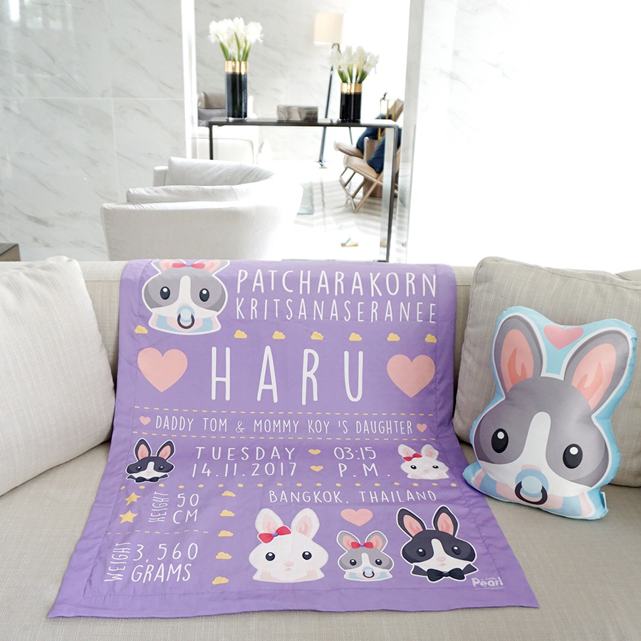 ผ้าห่ม ใส่ประวัติแรกเกิด ลายกระต่าย สีม่วง / Rabbit Family - Purple