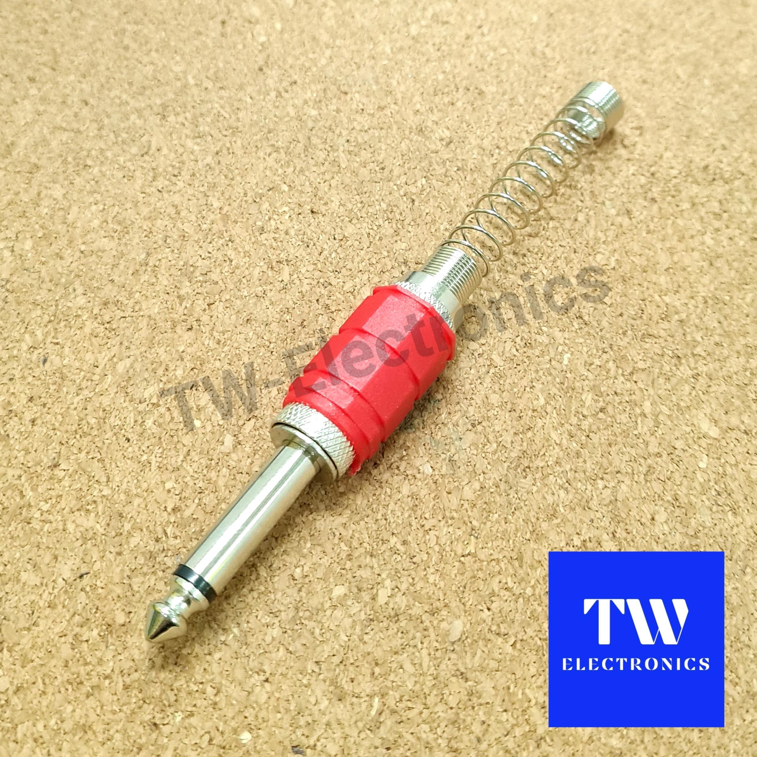 ปลั๊กโฟนโมโน 6.35 (1/4") โลหะ ด้ามเหลี่ยม(สีแดง), ท้ายเกลียวสปริง / MO008R