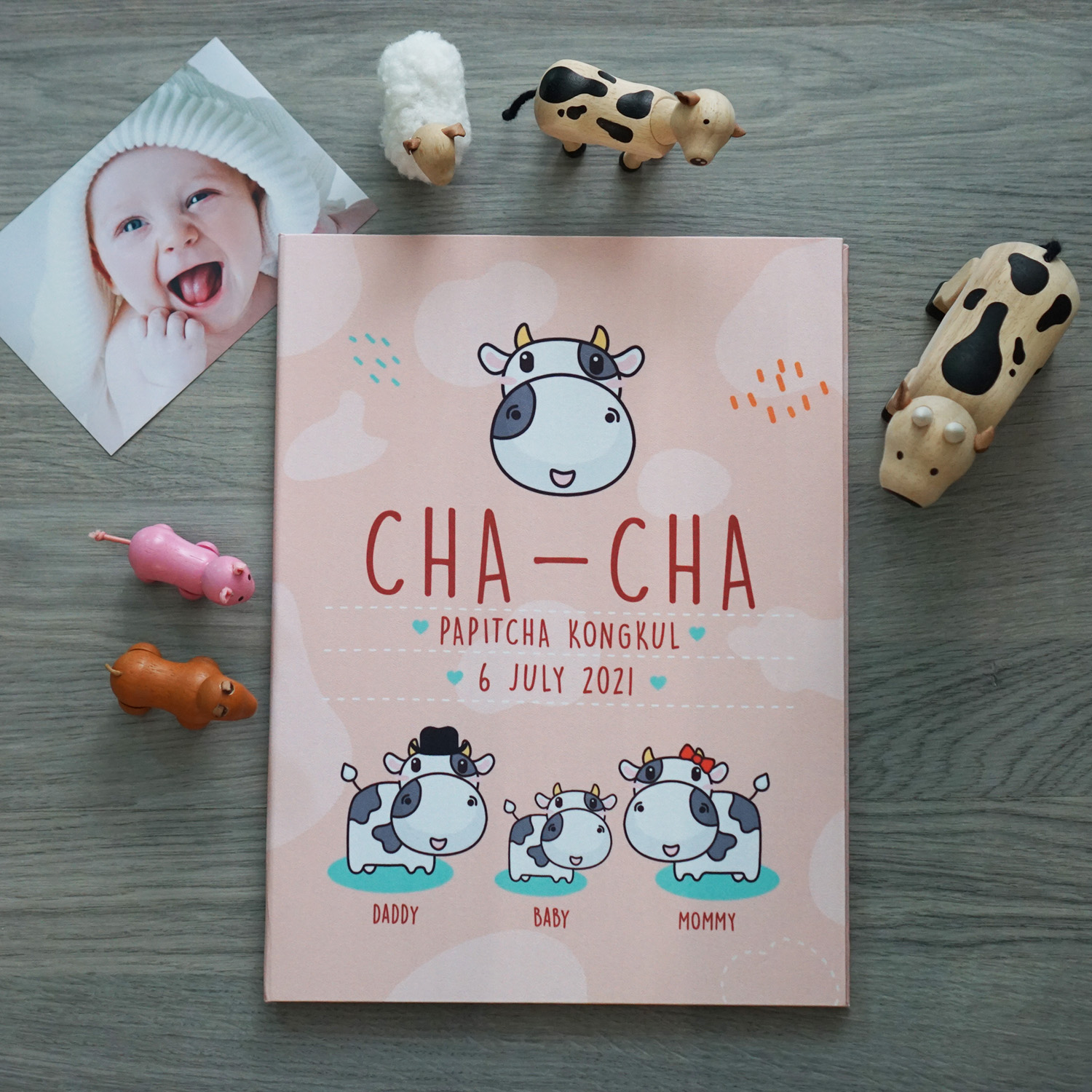 แฟ้มทะเบียนสมรส/สูติบัตร สั่งทำใส่ข้อความ ลาย Cow1 - Peach(15)