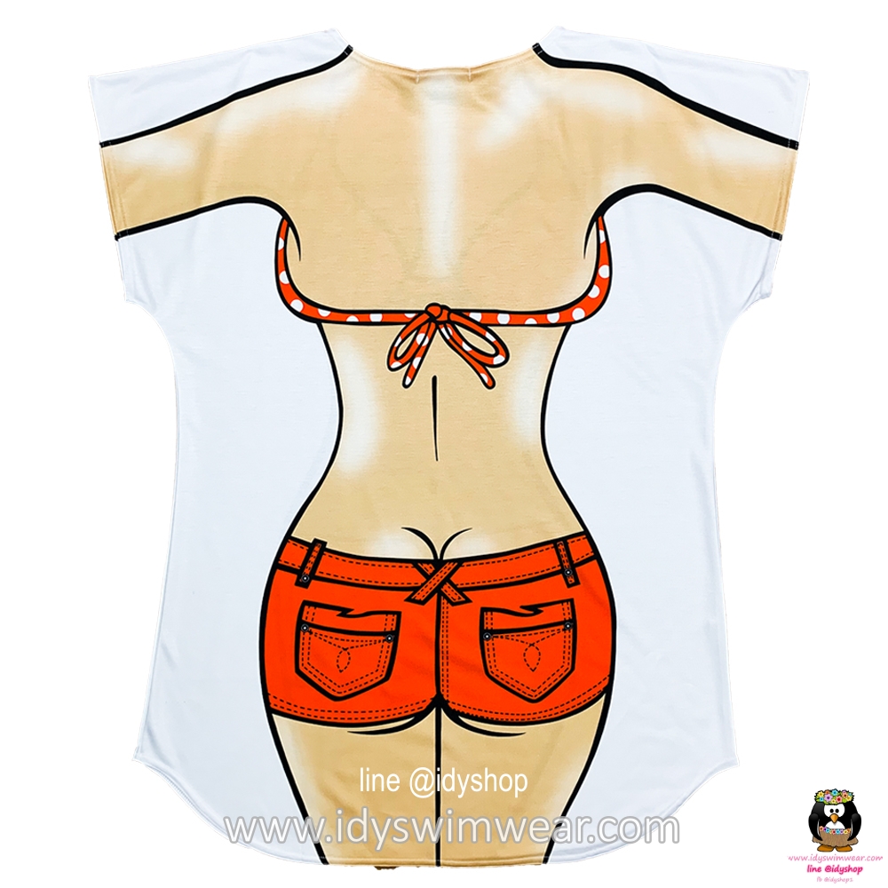 เสื้อสกรีนบิกินี่ ลายจุด ขาสั้น ส้ม เสื้อยืด สกรีนหน้าหลัง ขนาดฟรีไซส์ รอบอก 45 นิ้ว ยาว 33 นิ้ว