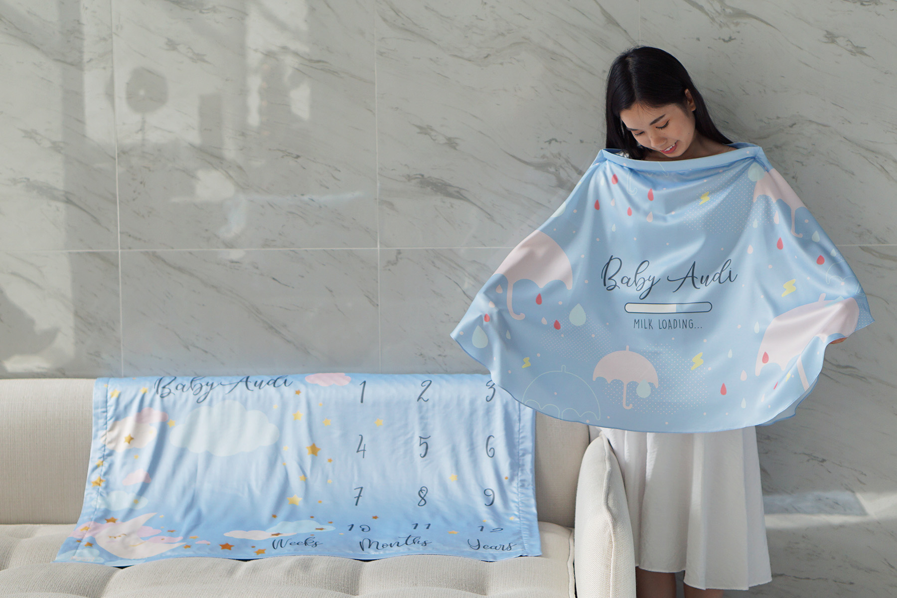 ชุดของขวัญเด็กแรกเกิด ผ้าคลุมให้นม + ผ้าห่มขนาด 75x100cm ลาย Raindrops + Moon - Blue