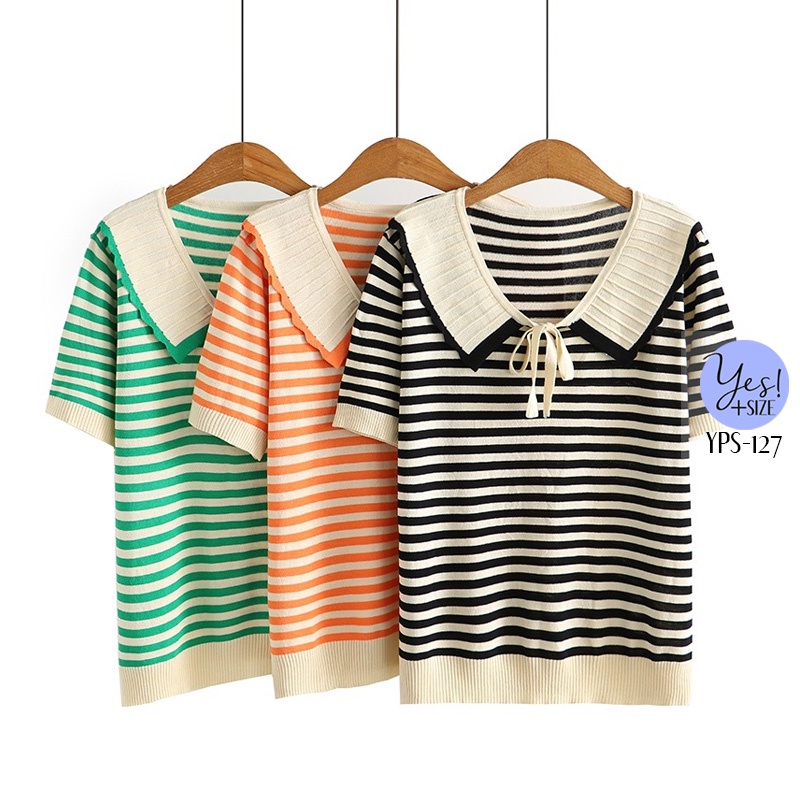 เสื้อยืดผ้าไหมพรมสาวอวบ อกยืดได้ถึง 55+นิ้ว คอวีมีปก-เชือกผูกโบว์ ลายทางสีครีมดำ/เขียว/ส้ม YPS-127