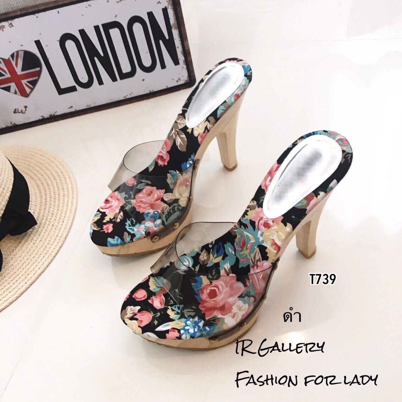 รองเท้าส้นสูงลายดอกไม้ (สีดำ)