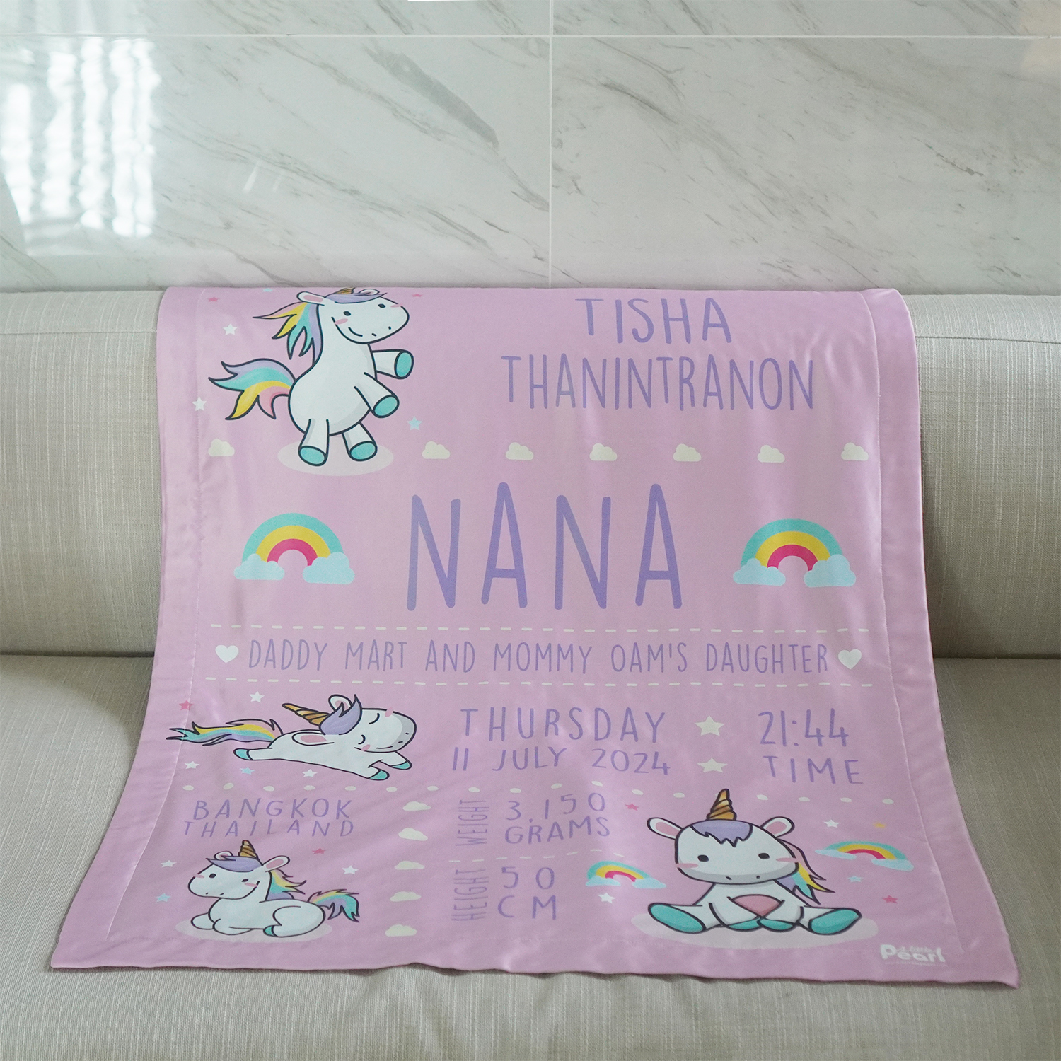 ผ้าห่มเด็ก ใส่ประวัติแรกเกิด ลายยูนิคอร์น - Unicorn - Pink Lavender