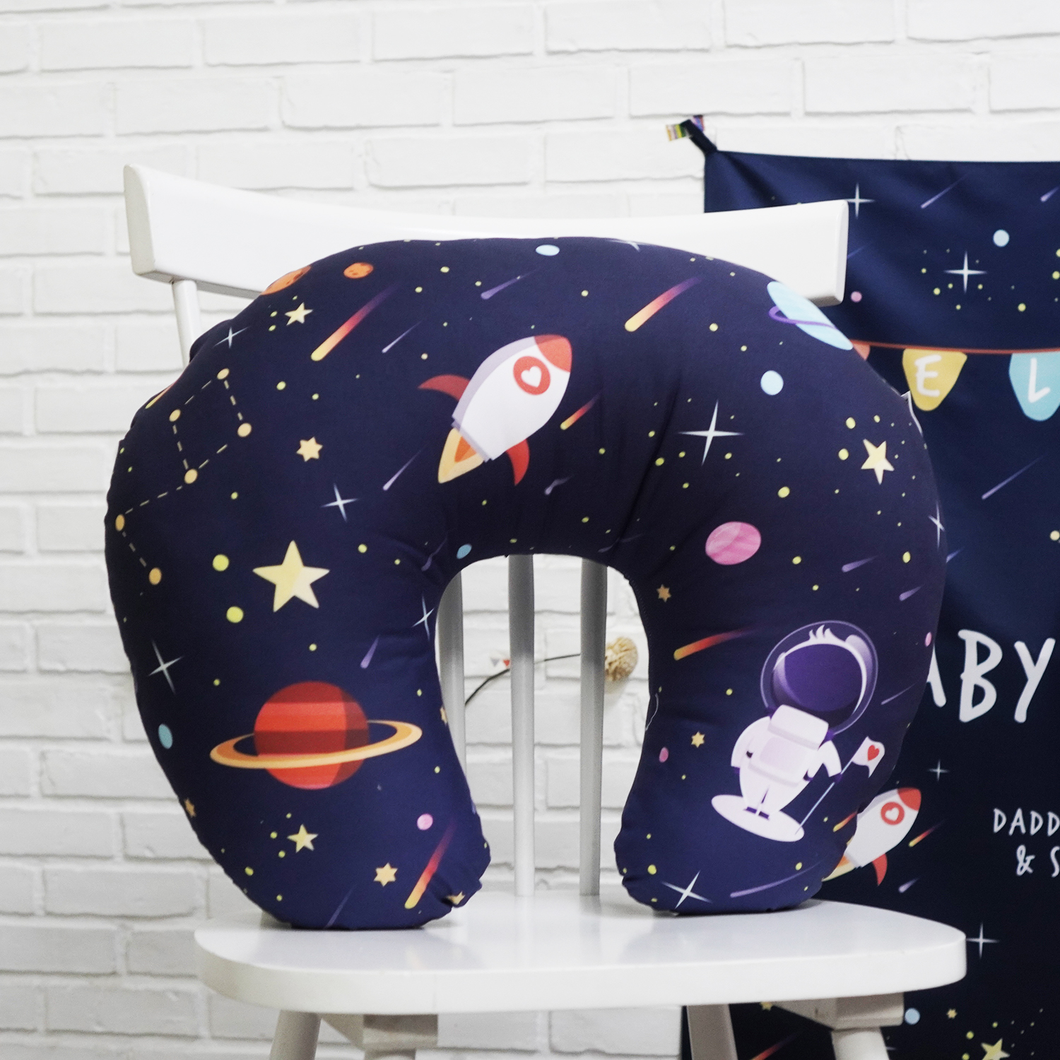 หมอนรองให้นม สั่งทำใส่ชื่อ ลาย Space - Navy
