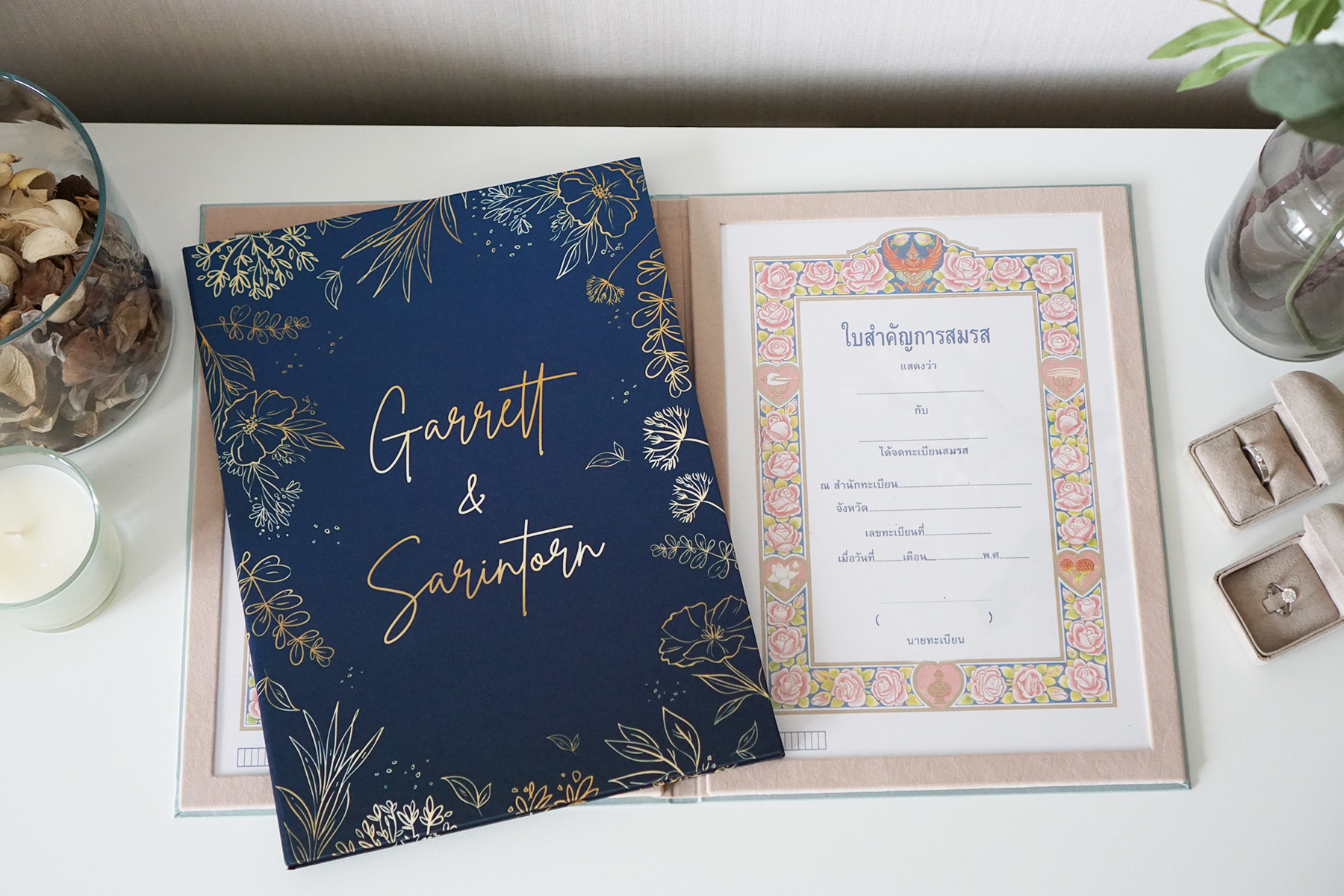 แฟ้มทะเบียนสมรส/สูติบัตร สั่งทำใส่ข้อความ ลาย Botanical - Navy