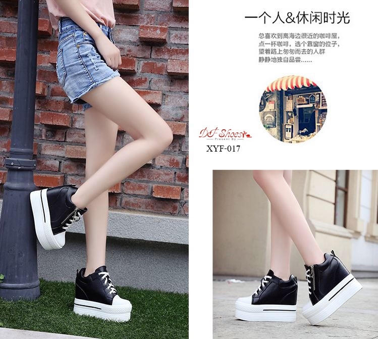 รองเท้าผ้าใบเสริมส้นแต่งซิปดาวสไตล์แฟชั่นเกาหลี (สีดำ)