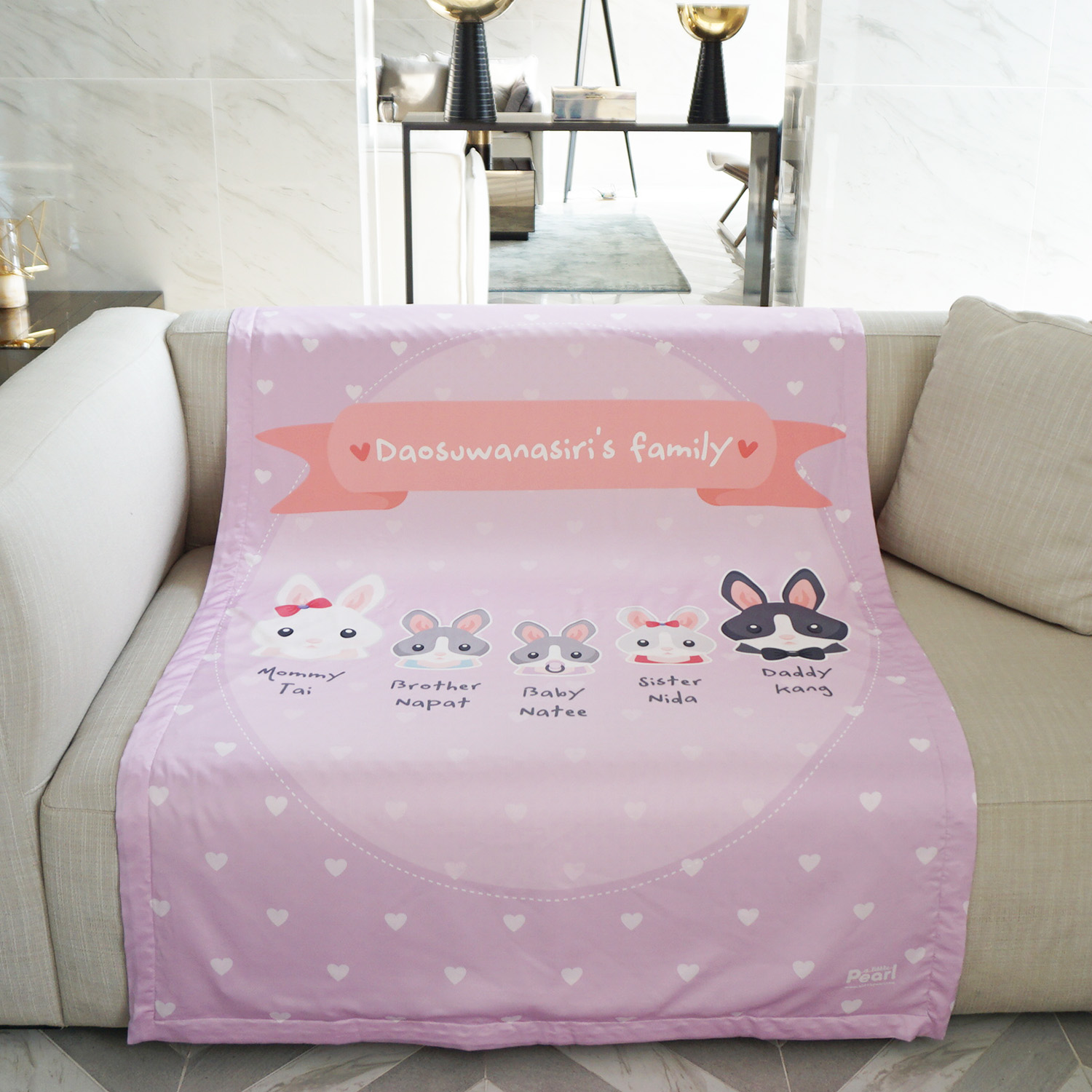 ผ้าห่ม ใส่ชื่อ ลาย Rabbit Family - Lavender